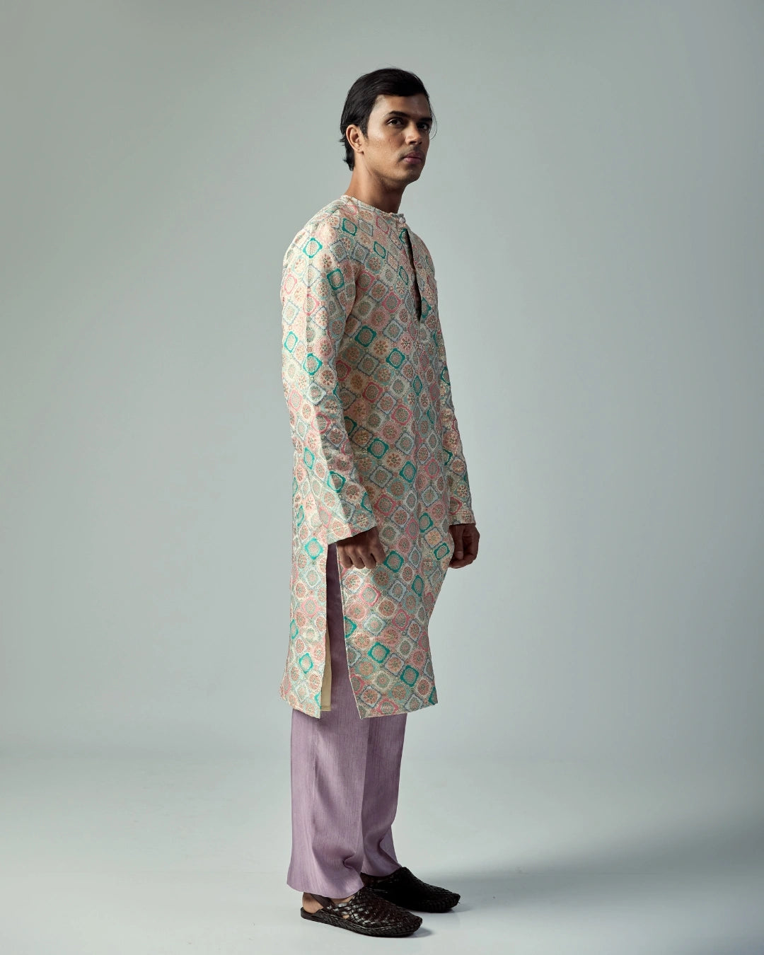 Pastel Brocade Kurta Set with Silk Straight Trousers