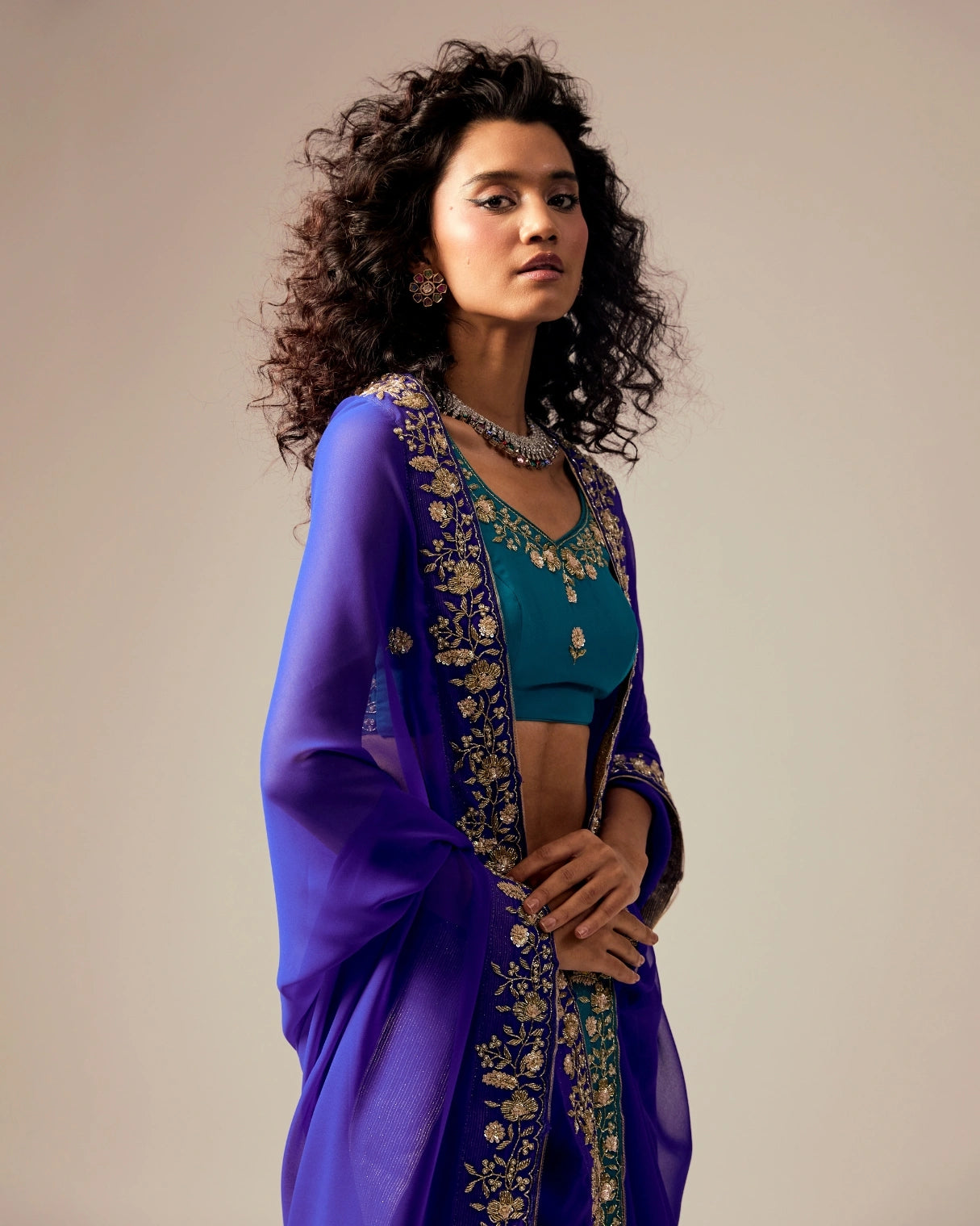 Dark Blue and Bule Dual Tone Hand Embroidered Georgette Saree with Blue Embroidery Blouse