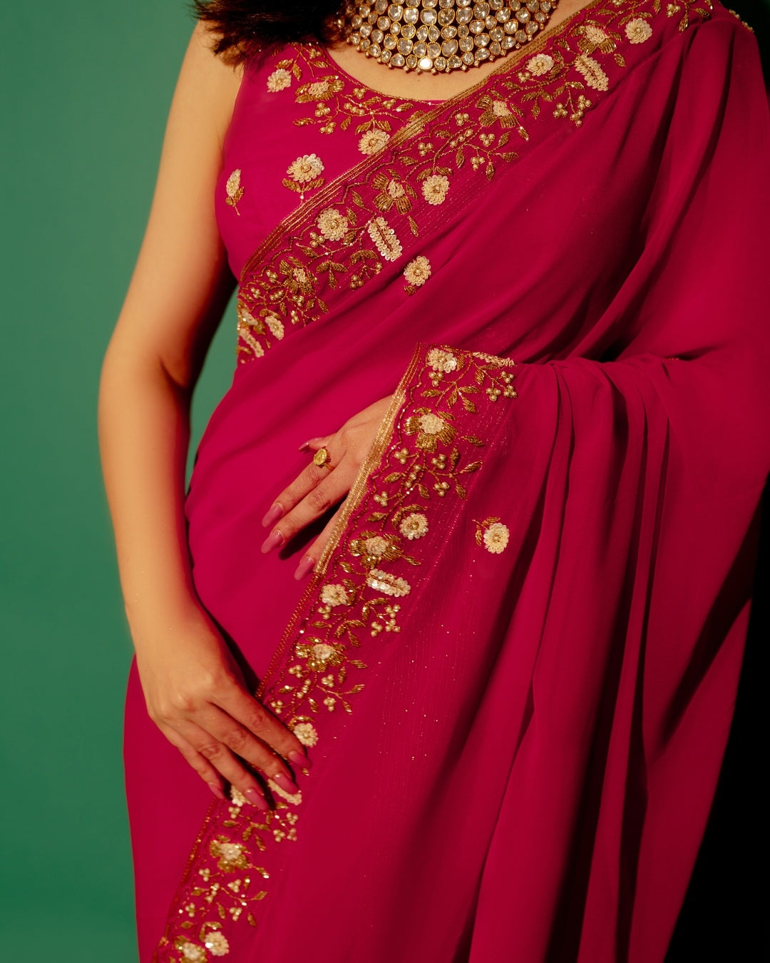 Pink Hand Embroidered Georgette Saree and Matching Floral Embroidered Blouse