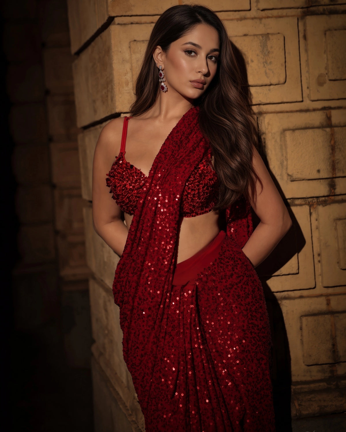 Hot Pink Georgette Saree with All Over Shimmer Sequin Work and Matching Sequin Blouse
