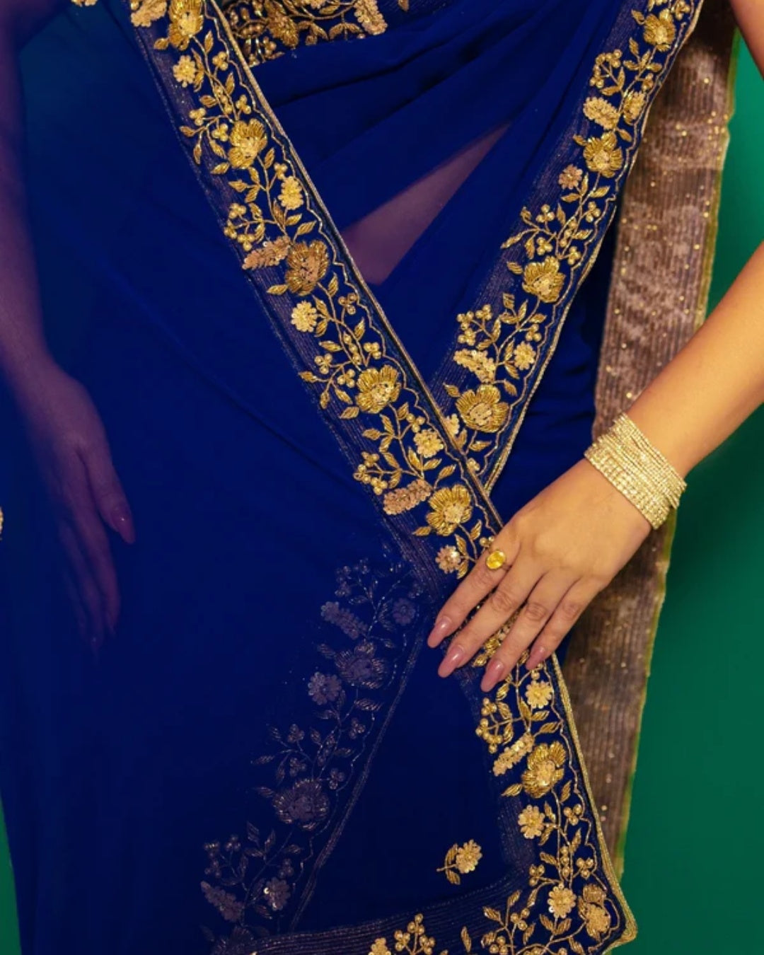 Royal Blue Hand Embroidered Georgette Saree and Matching Floral Embroidered Blouse