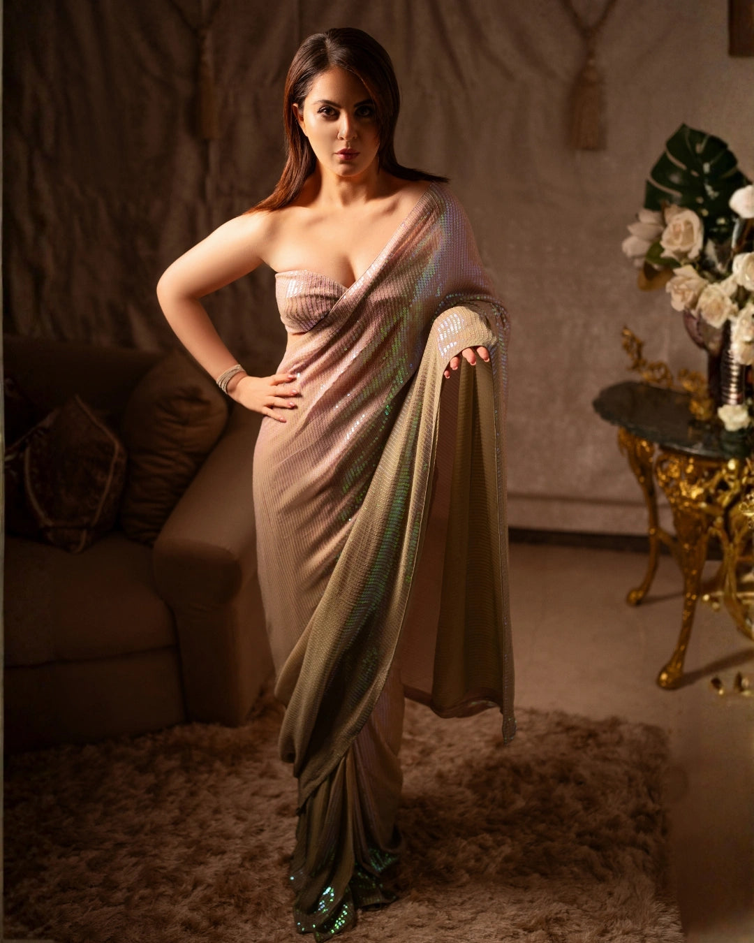 Beige and Olive Green Ombre Georgette Pre-Stitch Saree with All-Over Sequin Work and Matching Blouse