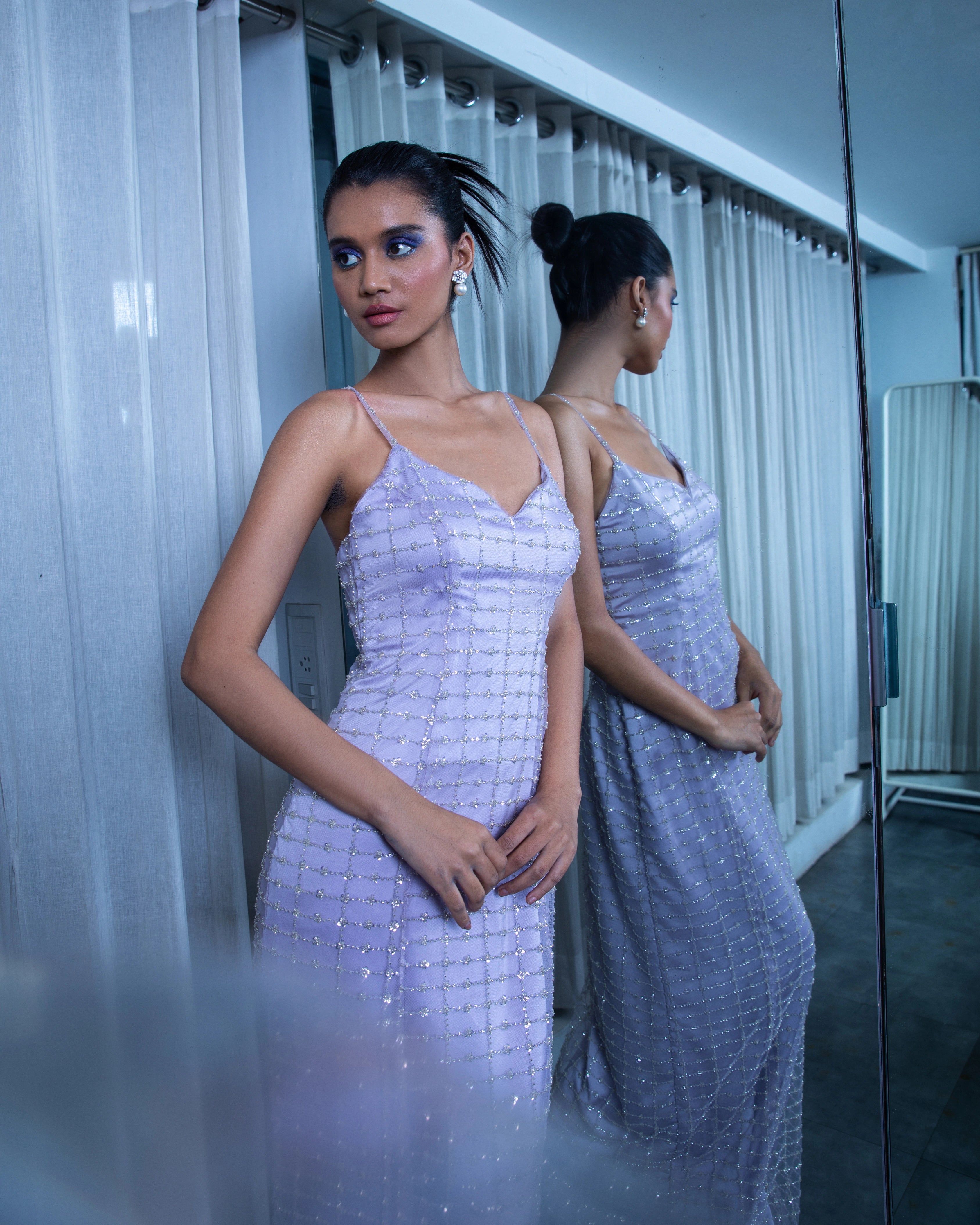 Lavender Silk Embellished Bodycon Dress with Grid Pattern Design and Hand Beadwork