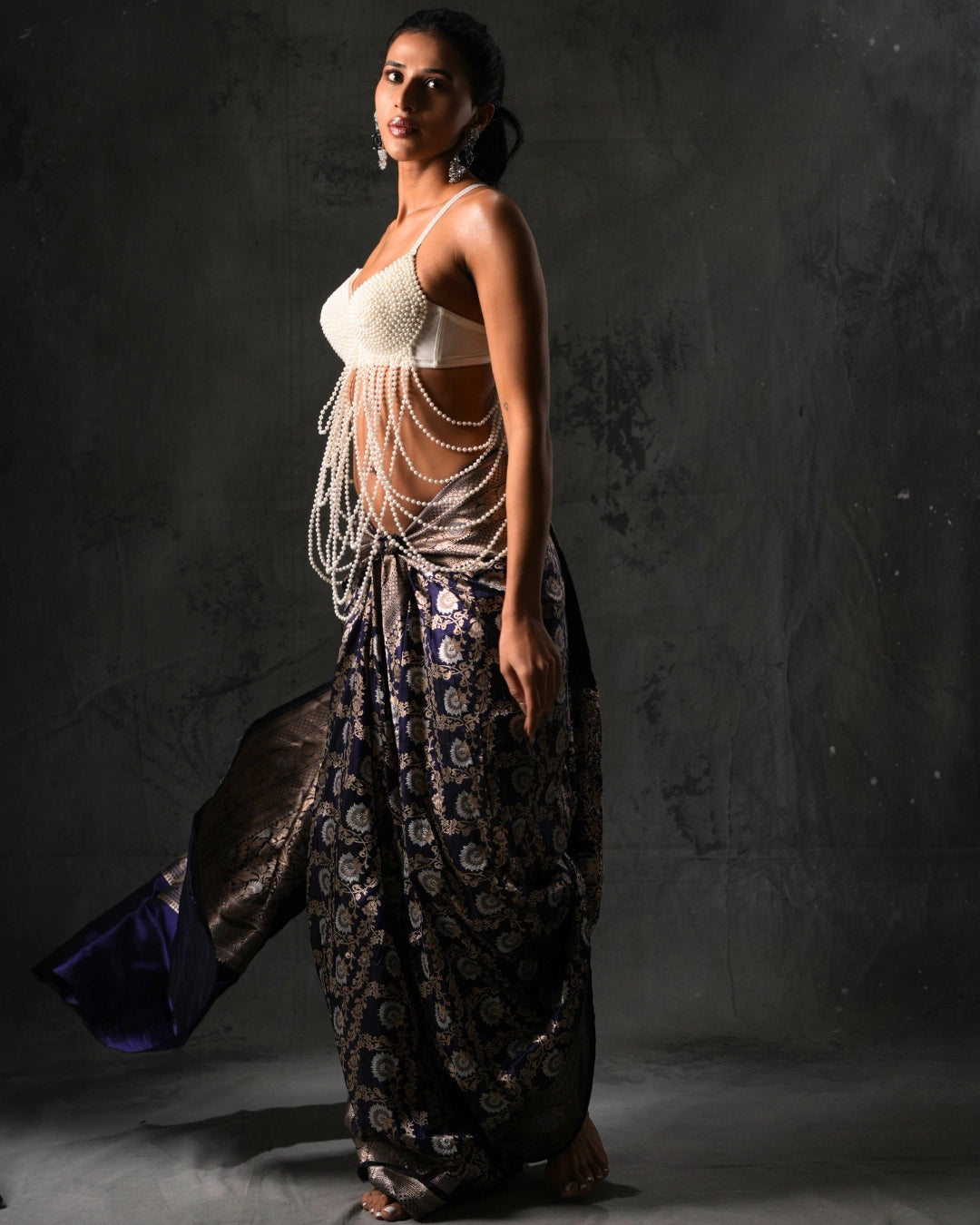 Blue Pure Banarasi Silk Saree with Gold Floral Design and Matching Blouse.