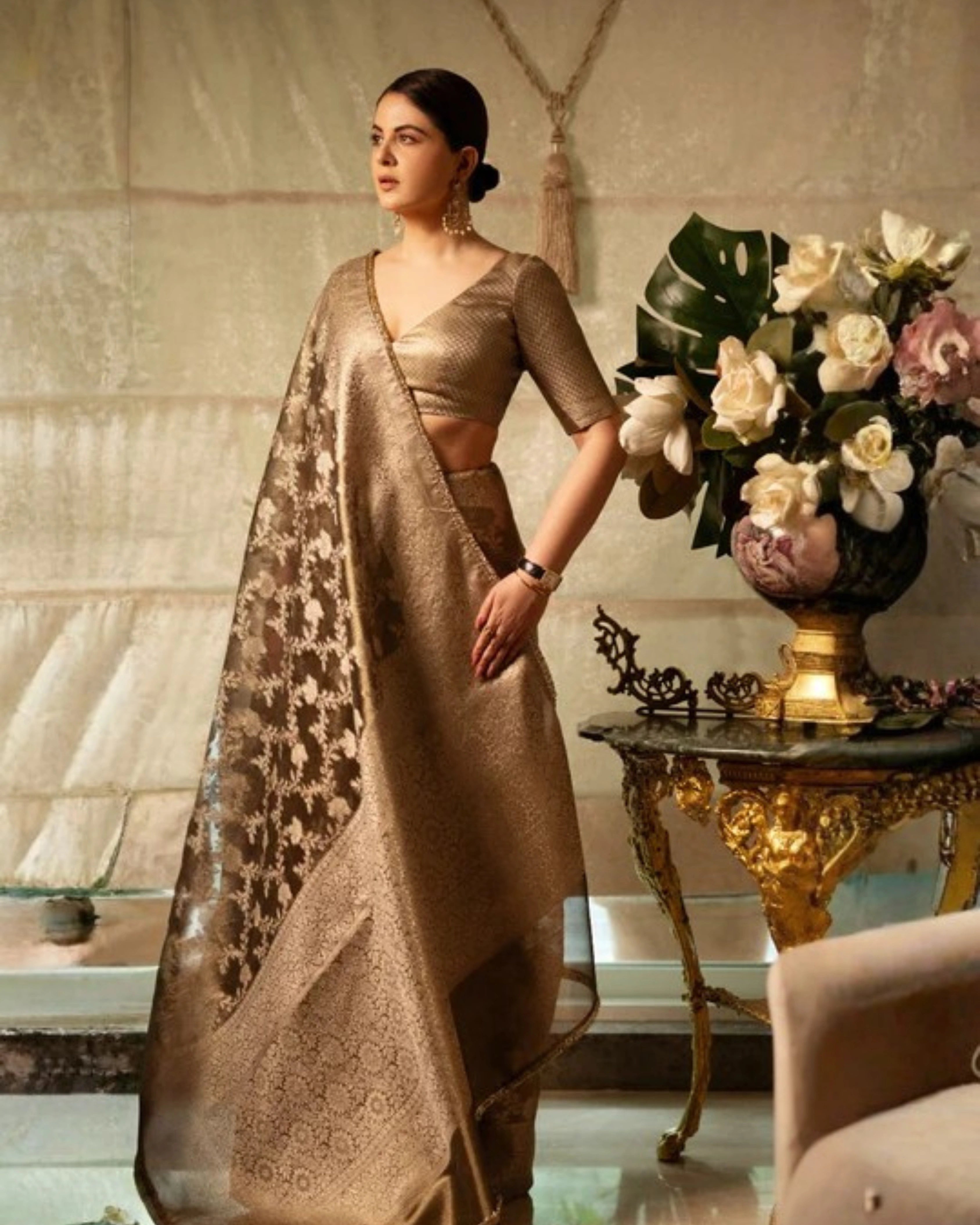 Grey Banarasi Silk Saree with Pure Gold Zari Floral Weaving and Matching Checked Blouse