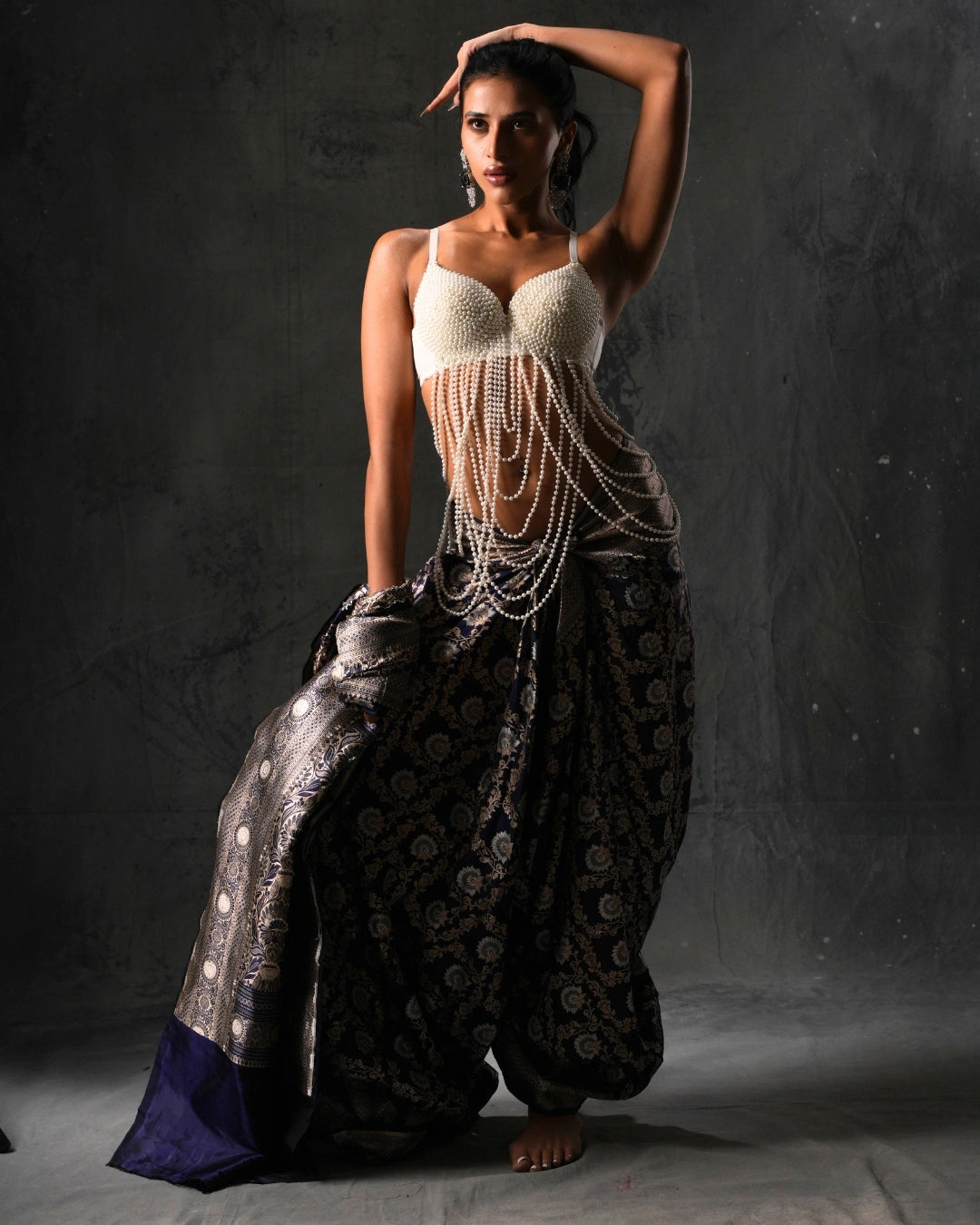 Blue Pure Banarasi Silk Saree with Gold Floral Design and Matching Blouse.