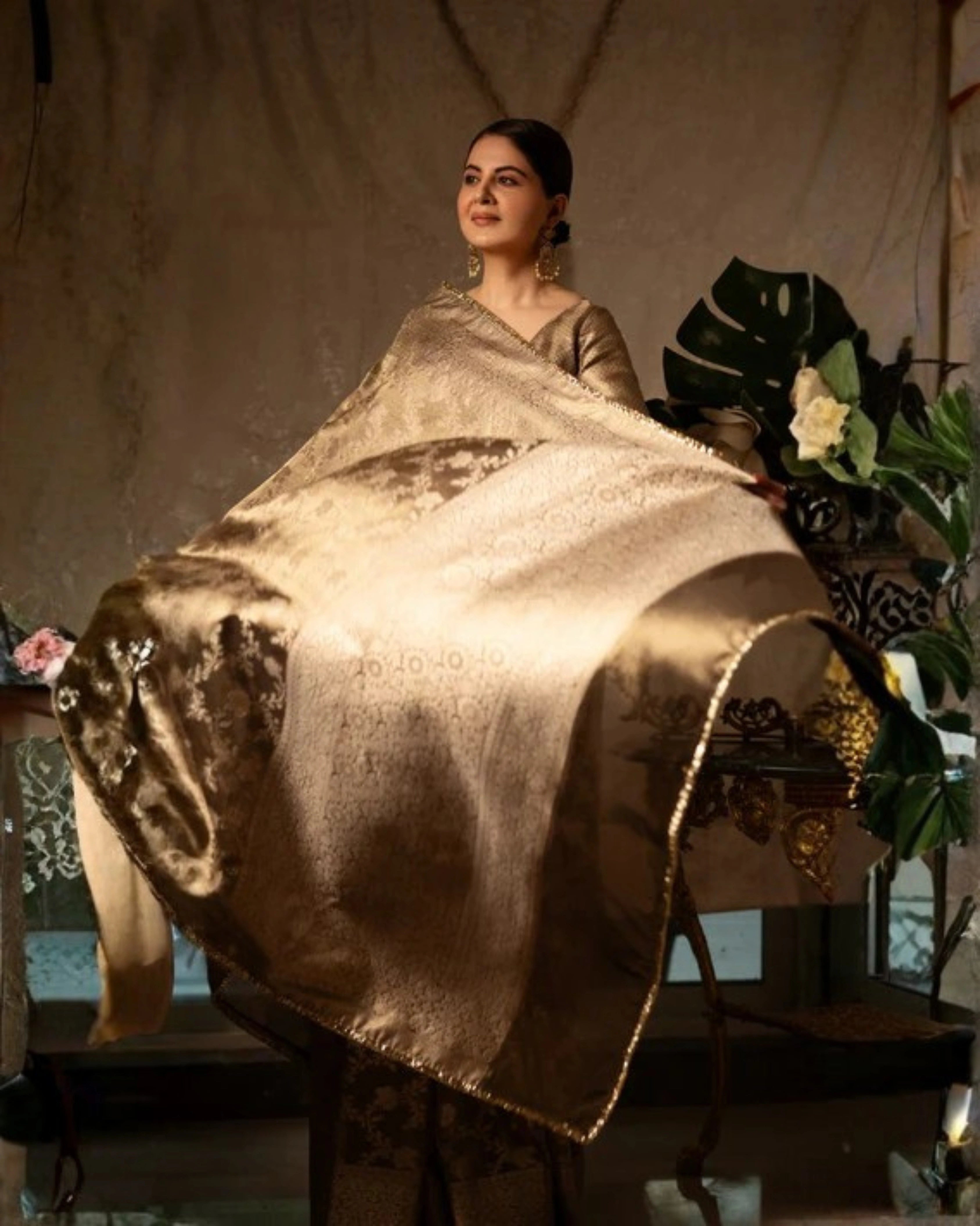 Grey Banarasi Silk Saree with Pure Gold Zari Floral Weaving and Matching Checked Blouse