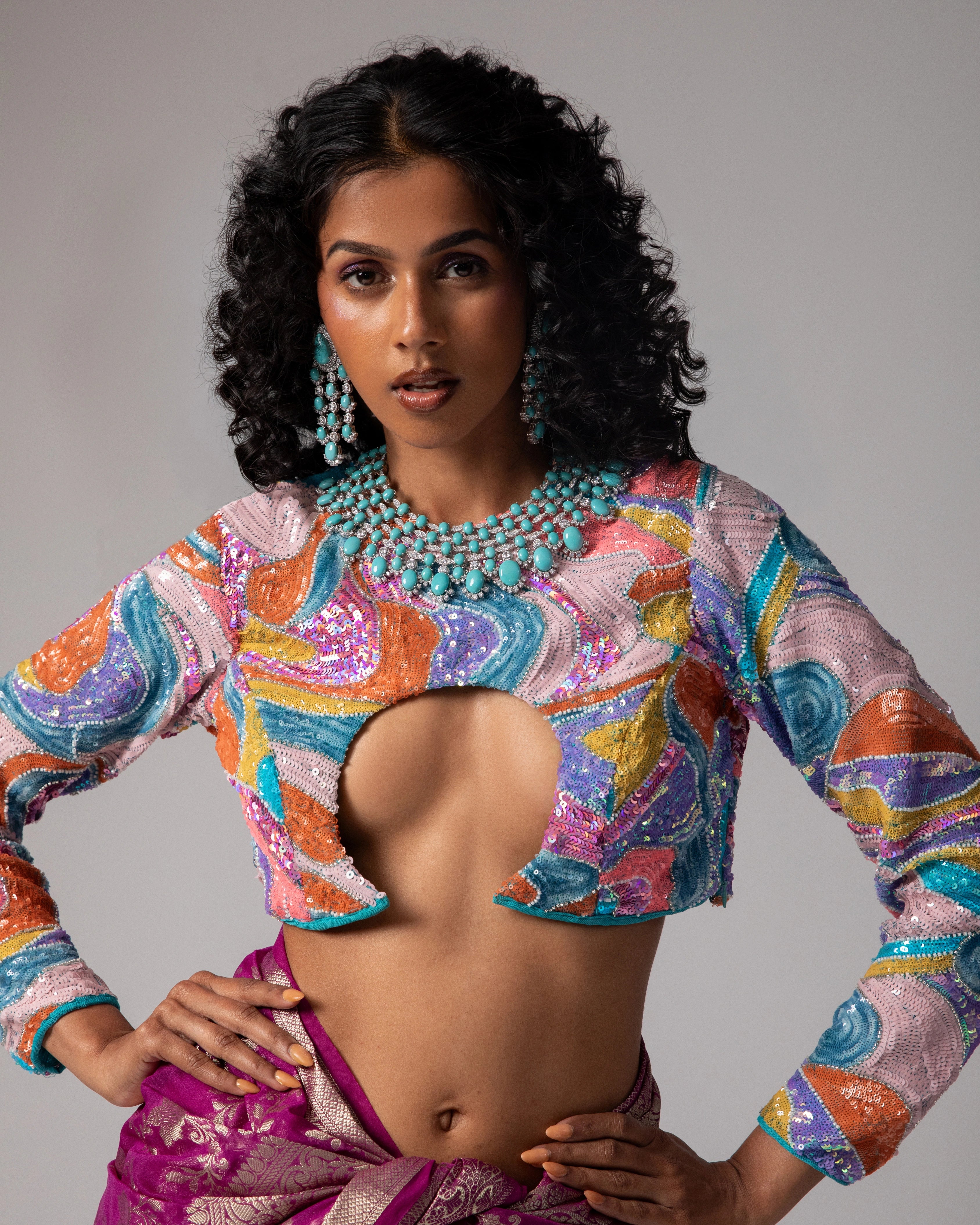 Pink Banarasi Saree with Gold Floral Design and Multicolor Full Sleeve Cut-Out Blouse