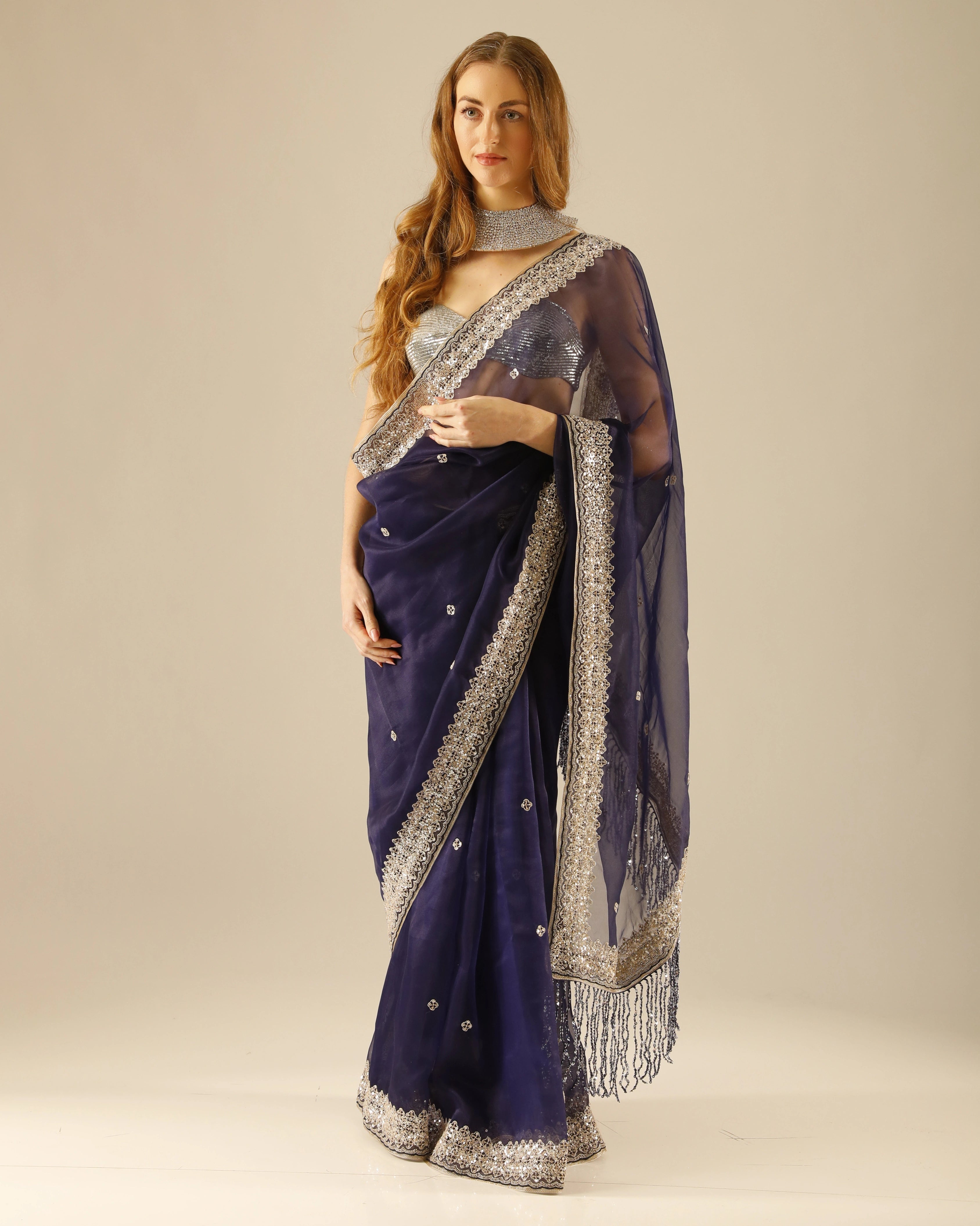 Navy Blue Georgette Hand-Embroidered with All-Over Chita Work