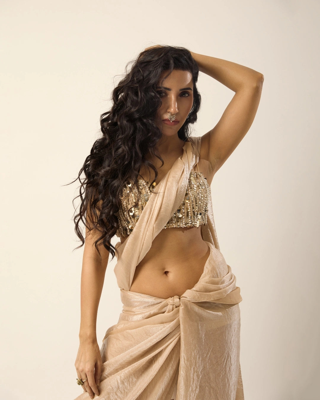 Ivory and Silver Hand-Embroidered Strapless Sequins Blouse