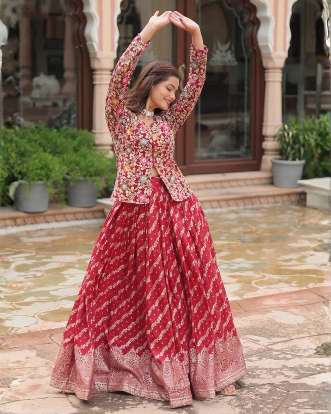 Red Georgette Lehenga with Heavy Thread Embroidery and Floral Design