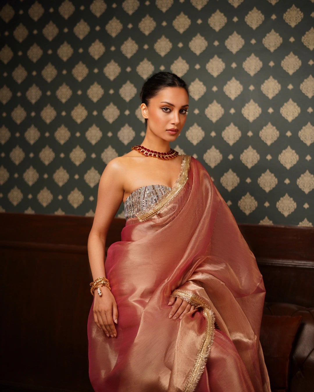 Copper Brown Shimmer Tissue Saree with Zari and Lace Border Work