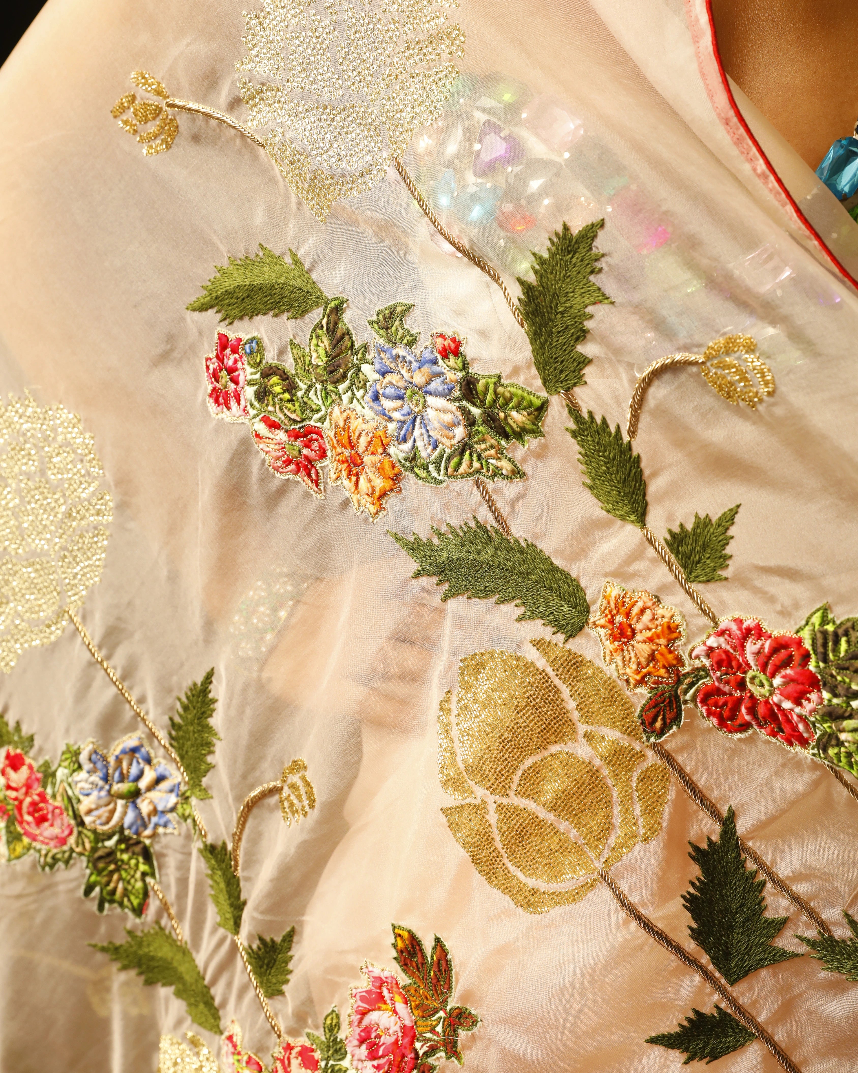 Peach Pink Saree with Multicolor Floral Hand Embroidery and Big Gem Stone Work Blouse