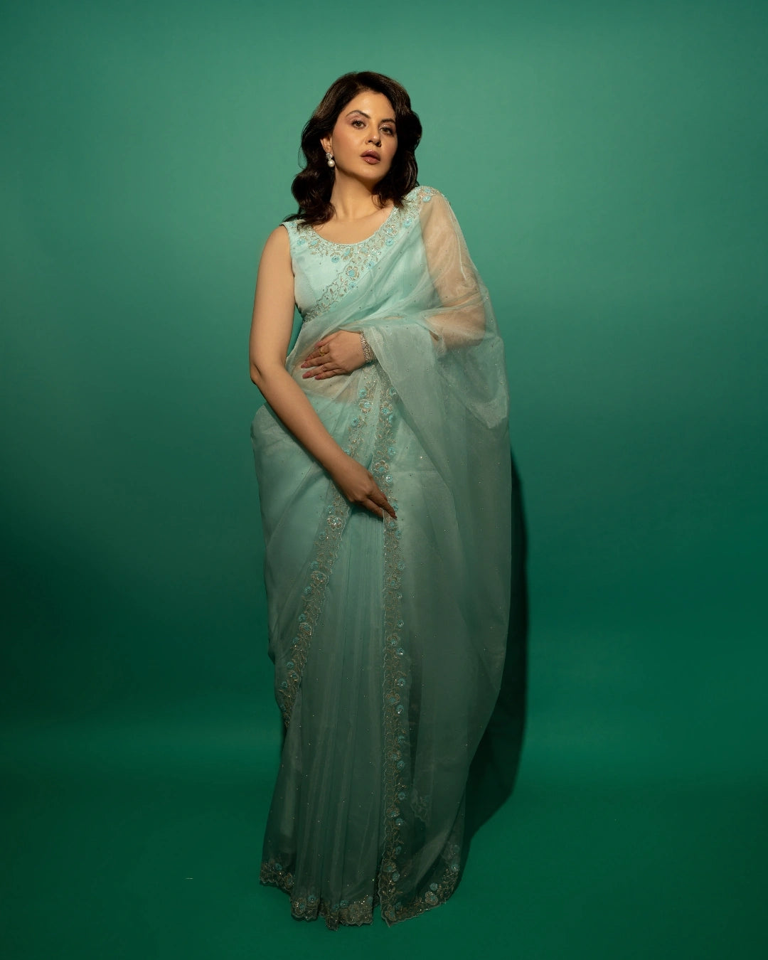 Sky Blue Hand Embroidered Saree and Matching Floral Embroidered Blouse