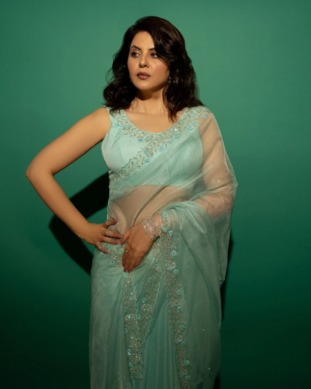 Sky Blue Hand Embroidered Saree and Matching Floral Embroidered Blouse