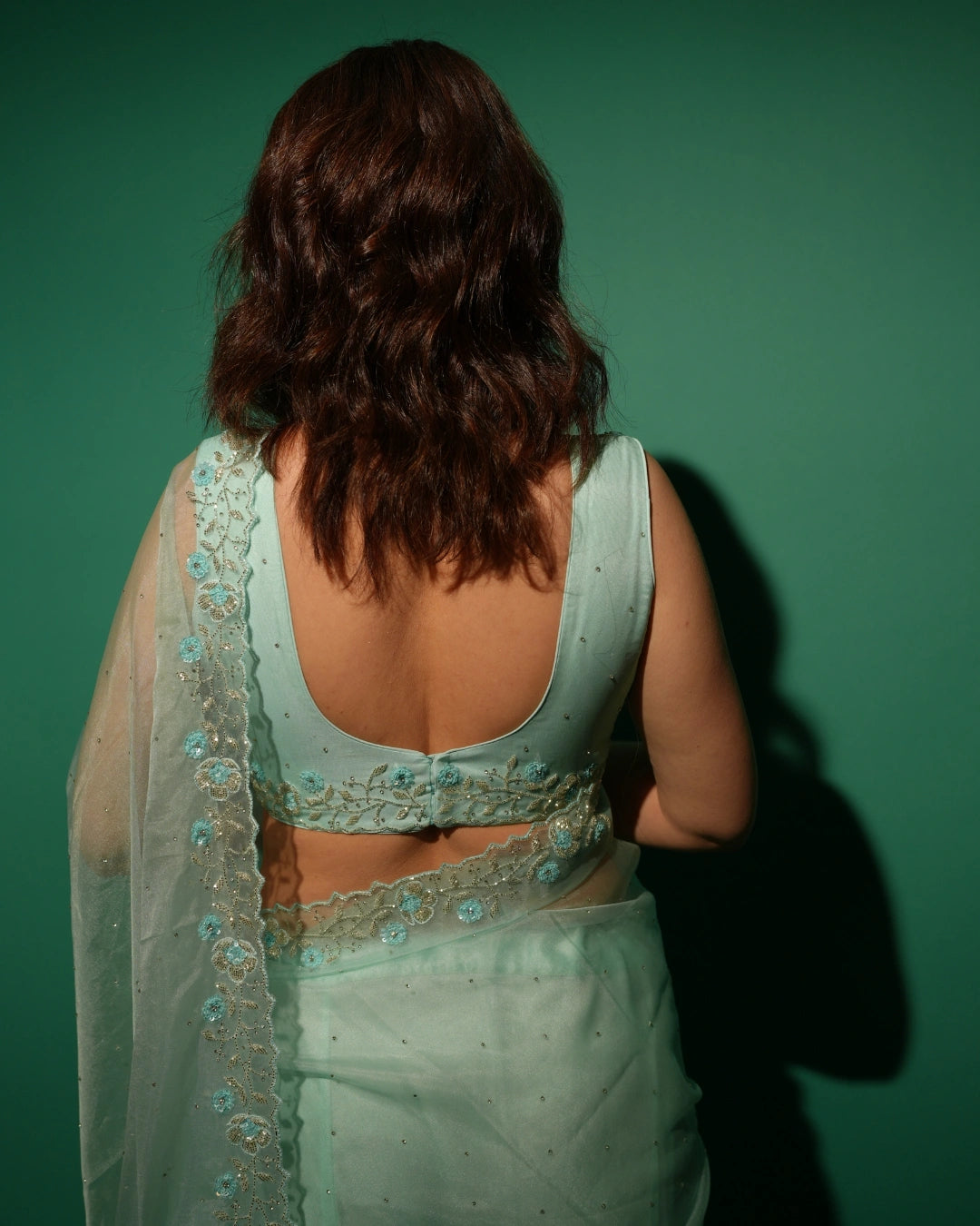 Sky Blue Hand Embroidered Saree and Matching Floral Embroidered Blouse
