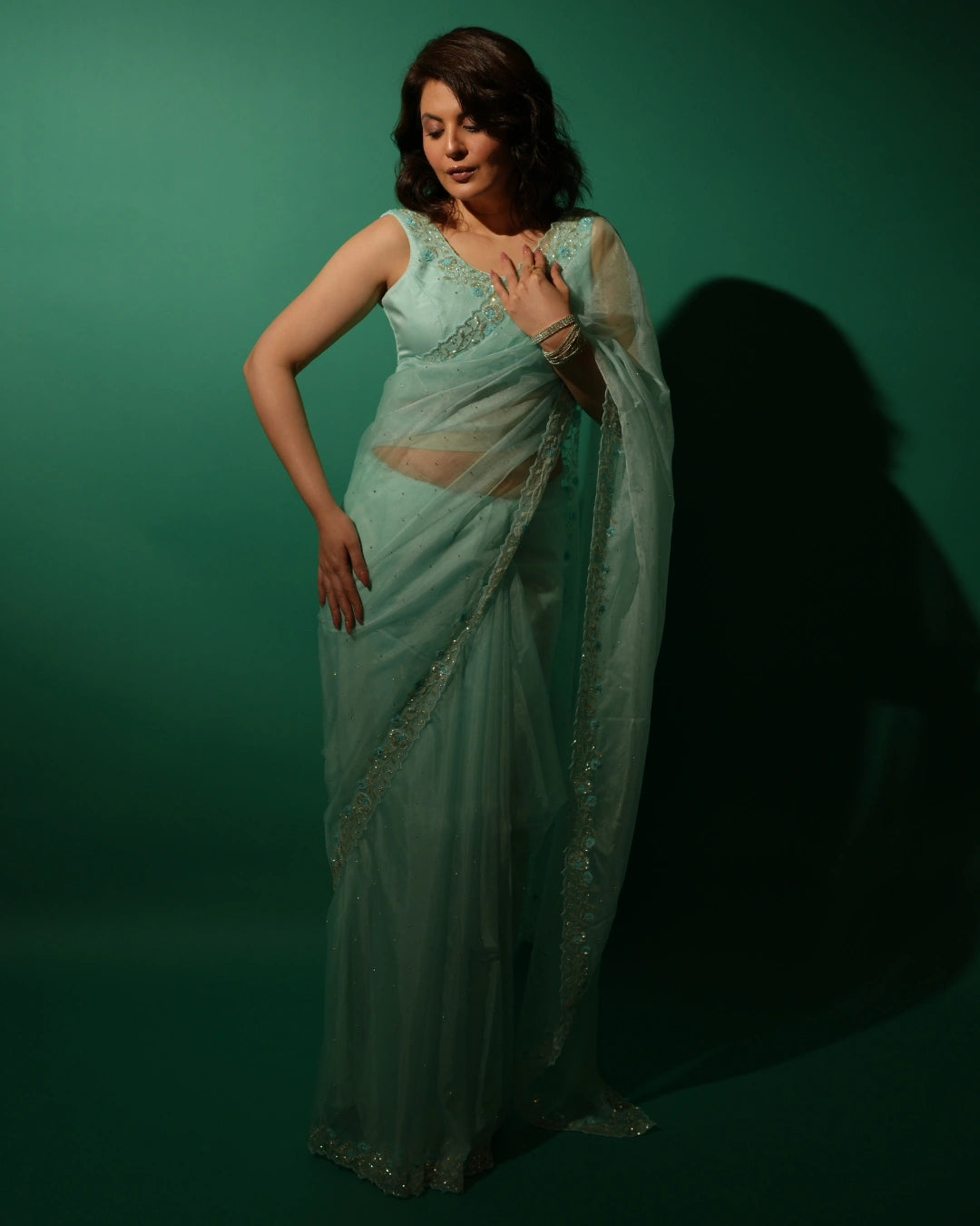 Sky Blue Hand Embroidered Saree and Matching Floral Embroidered Blouse