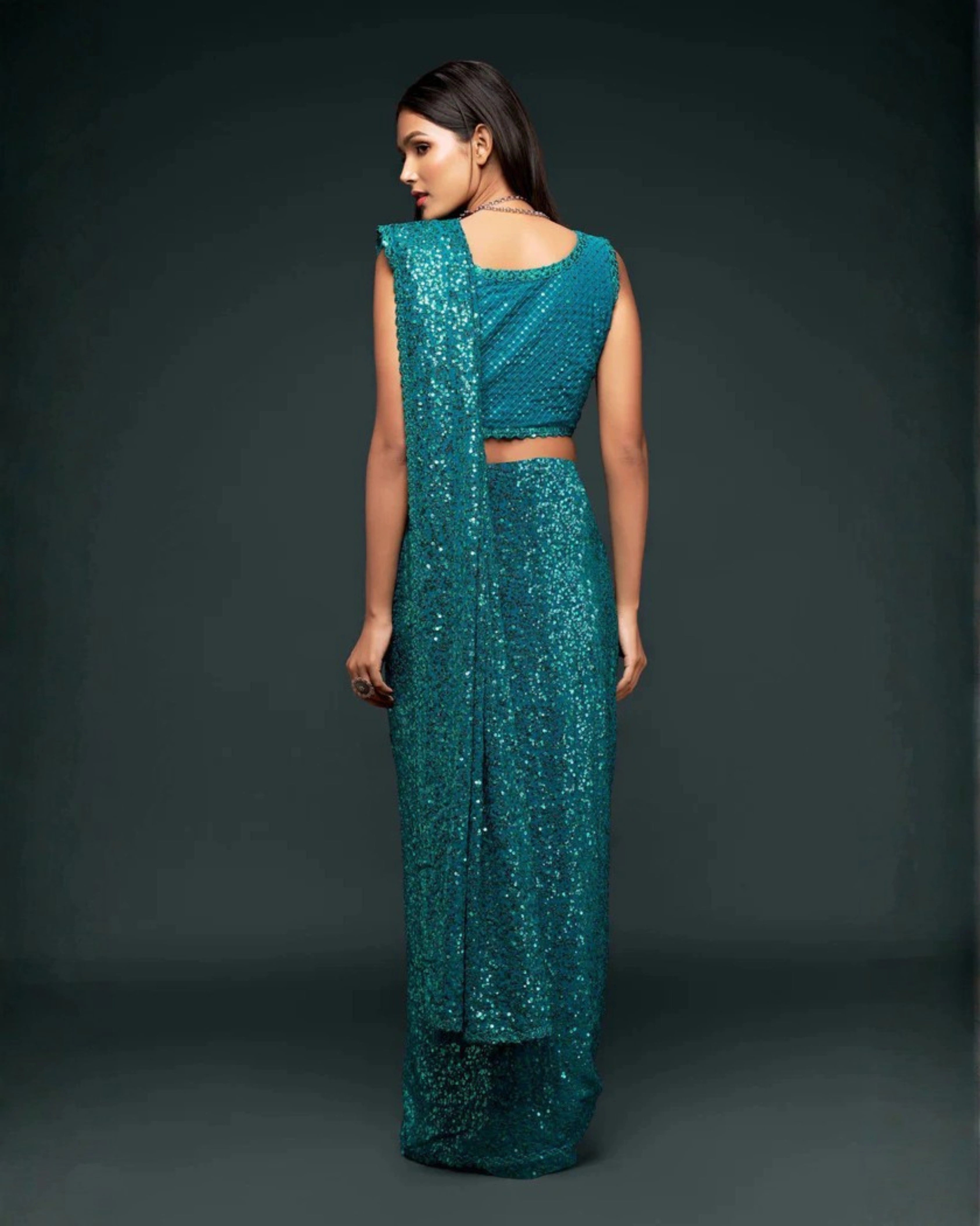 Blue Georgette Saree with All Over Shimmer Sequin Work and Matching Sequin Blouse