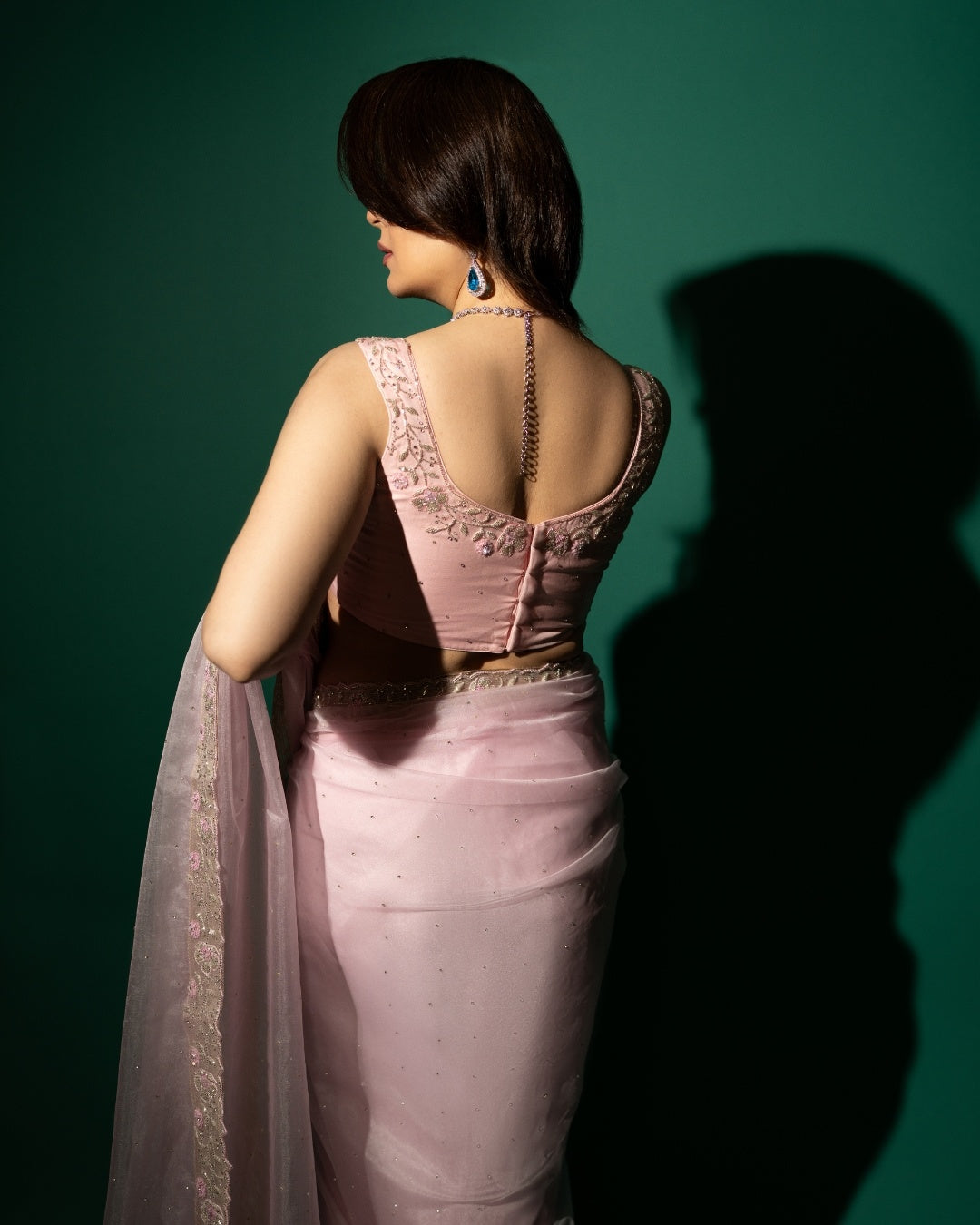 Baby Pink Hand Embroidered Saree and Matching Floral Embroidered Blouse
