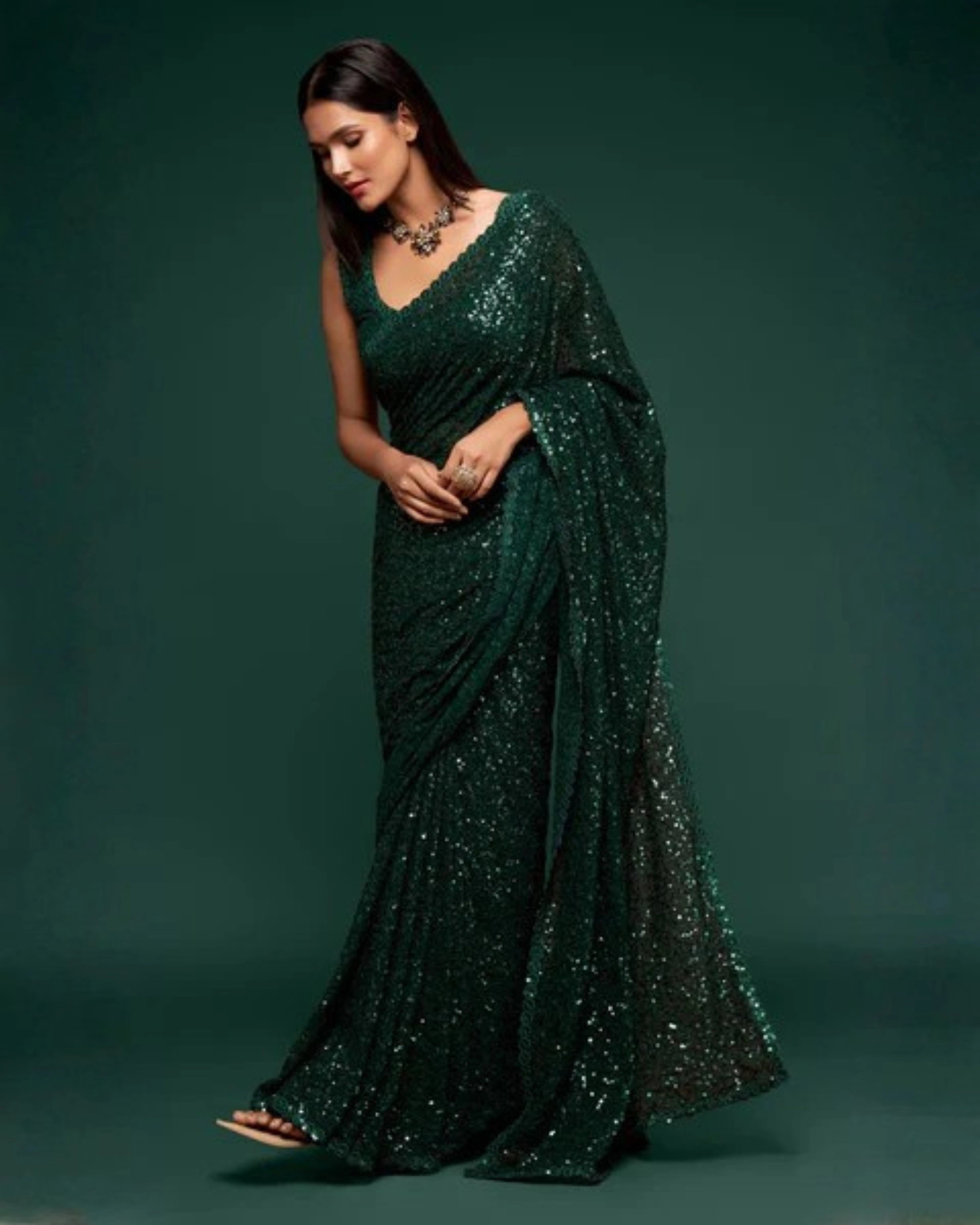 Dark Green Georgette Saree with All Over Shimmer Sequin Work and Matching Sequin Blouse