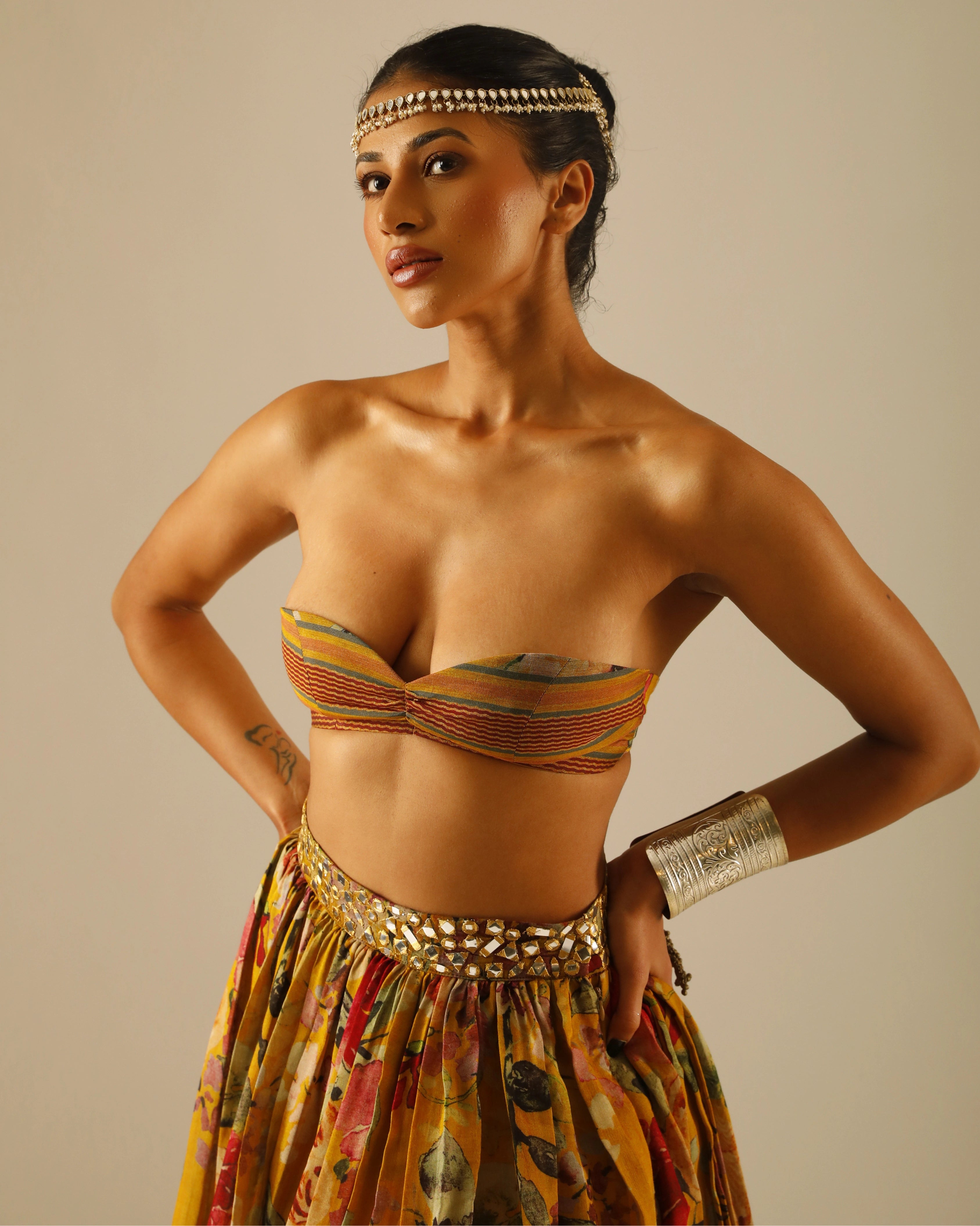 Yellow Silk Floral Skirt and Jacket Set with All Over Mirror Work