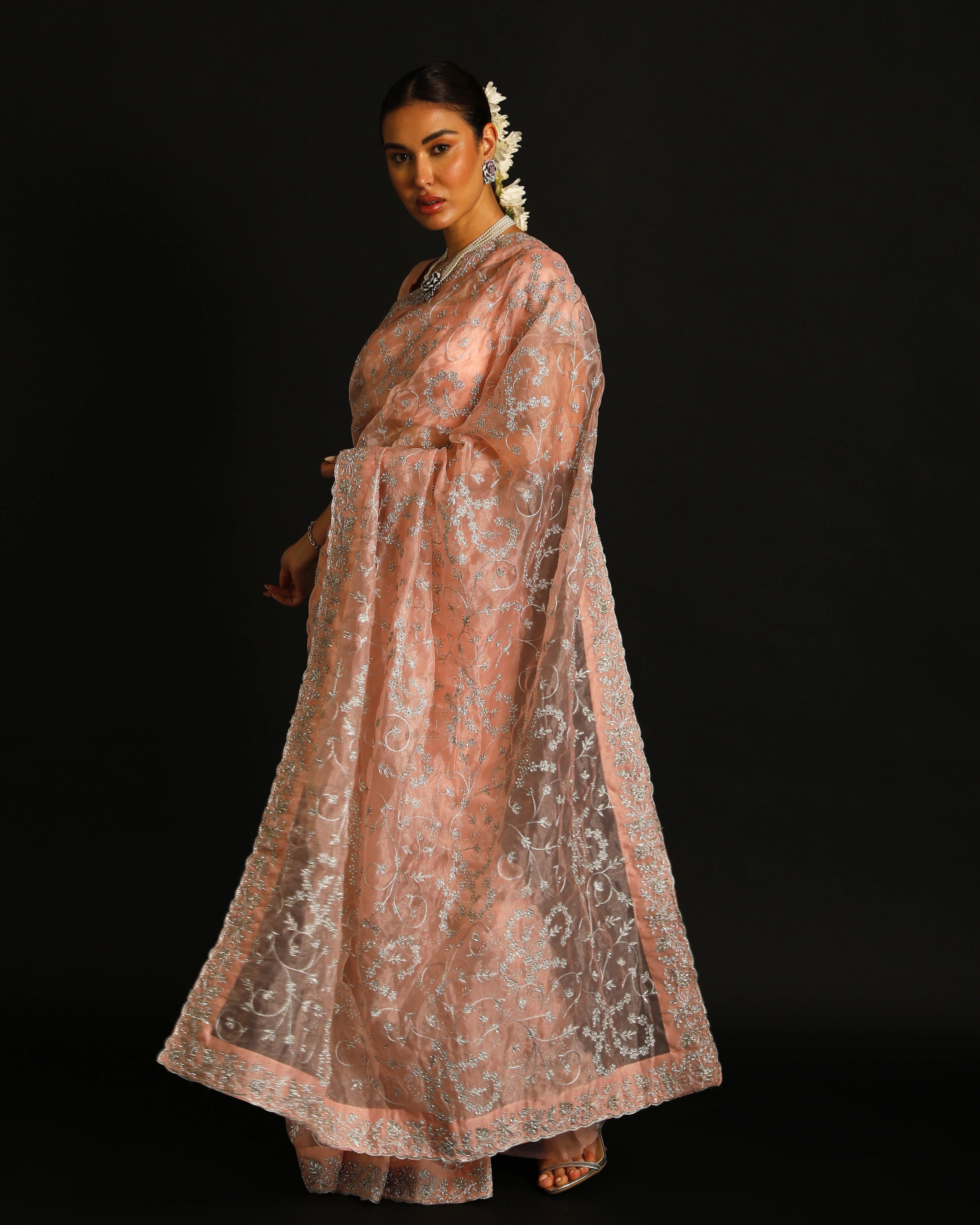 Blush Pink Organza Silk Saree with All-Over Hand Embroidered Silver Floral Jaal