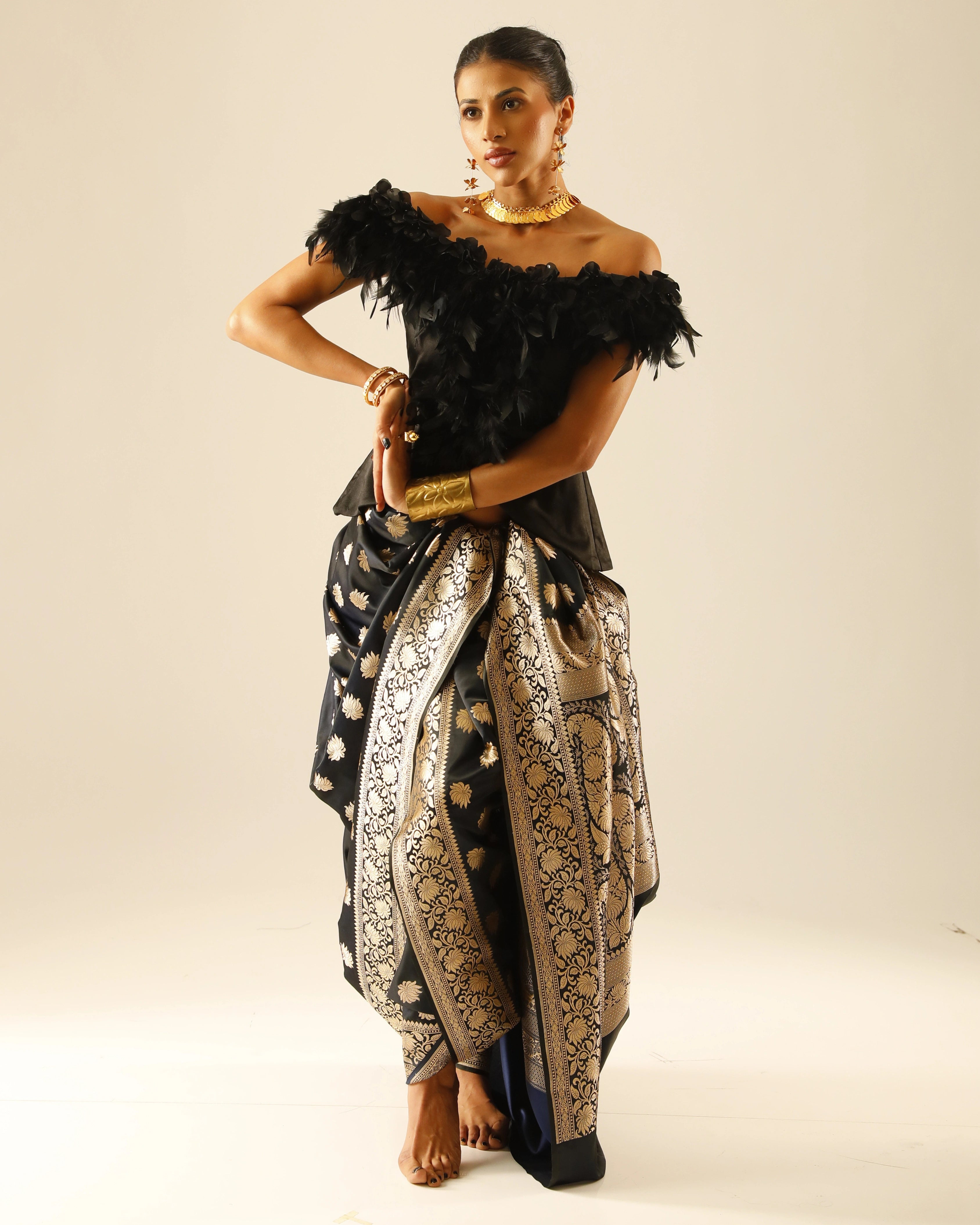 Black Banarasi Saree with Gold Floral Work and Black Feather Top
