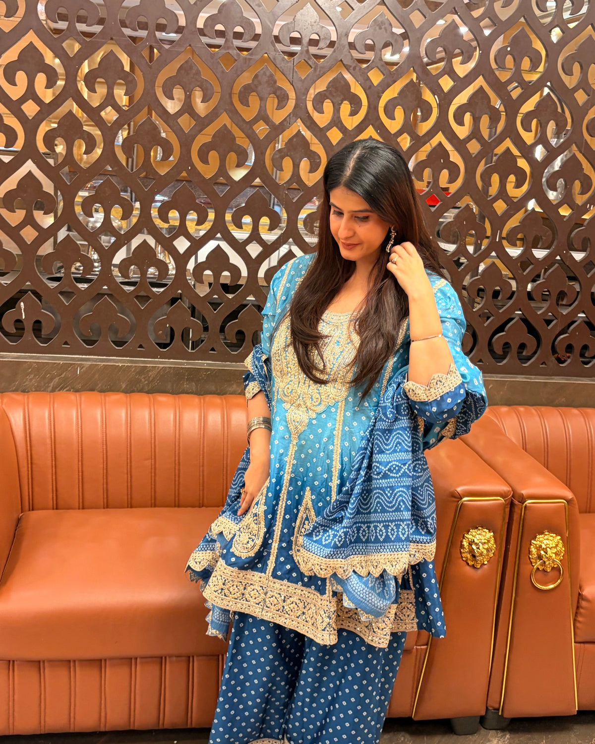 Blue Silk Salwar Kameez with Bandhani Print and Mirror Embroidery