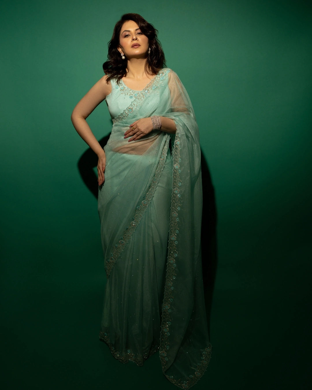 Sky Blue Hand Embroidered Saree and Matching Floral Embroidered Blouse