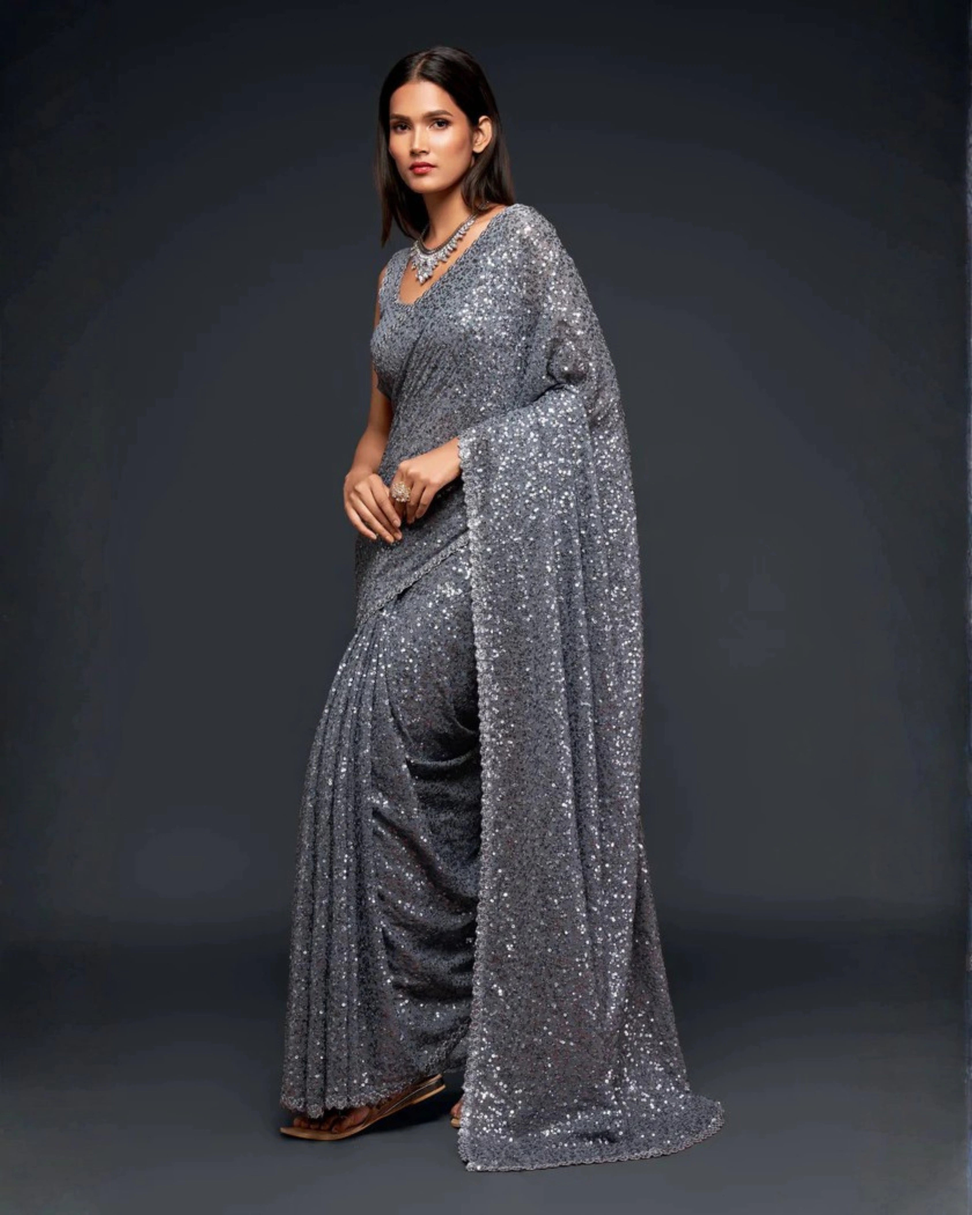 Silver Georgette Saree with All Over Shimmer Sequin Work and Matching Sequin Blouse