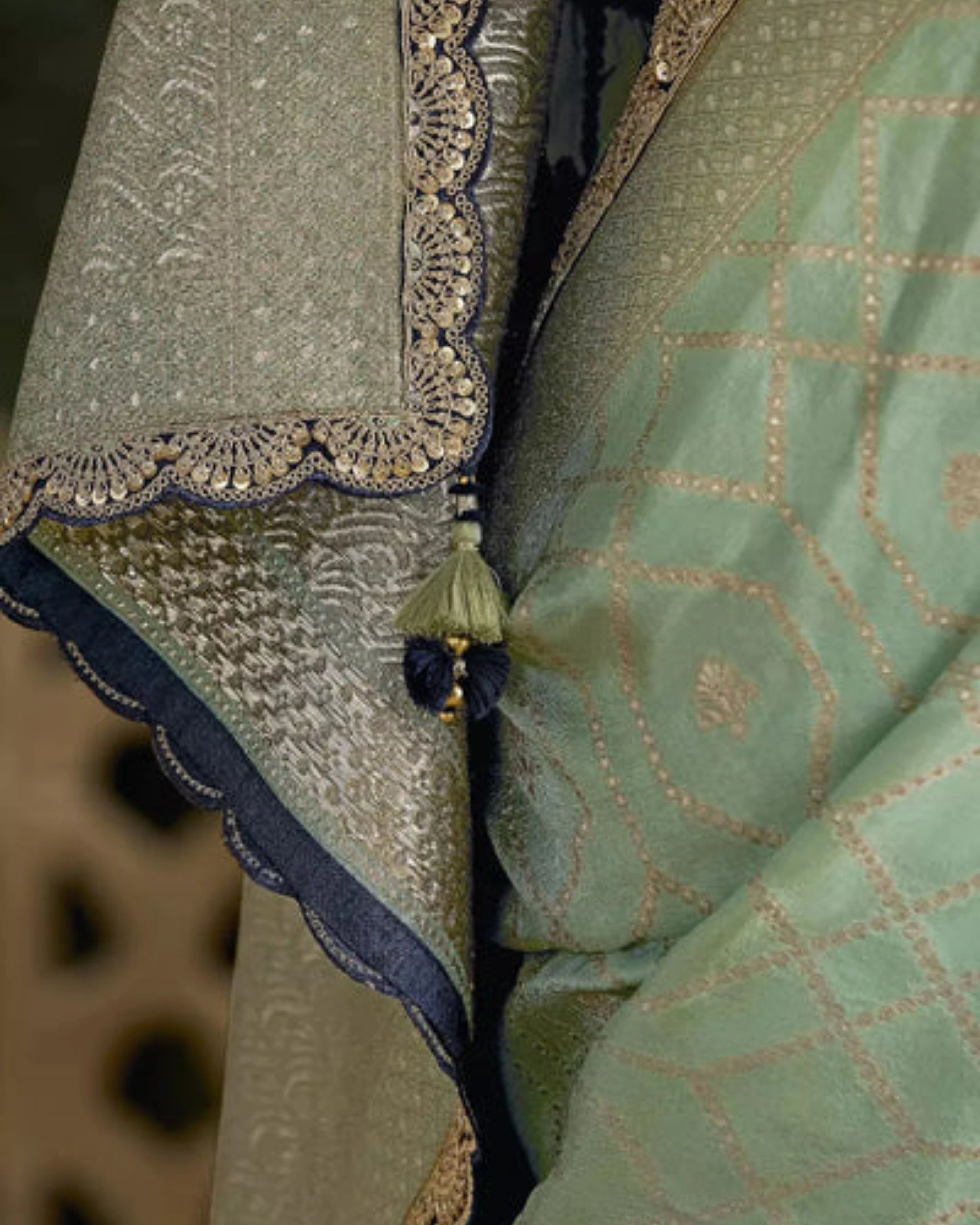Mint Green Heavy Silk Saree with Gold Zari and Embroidery Work All-Over & Heavy Embroidery Navy Blue Blouse