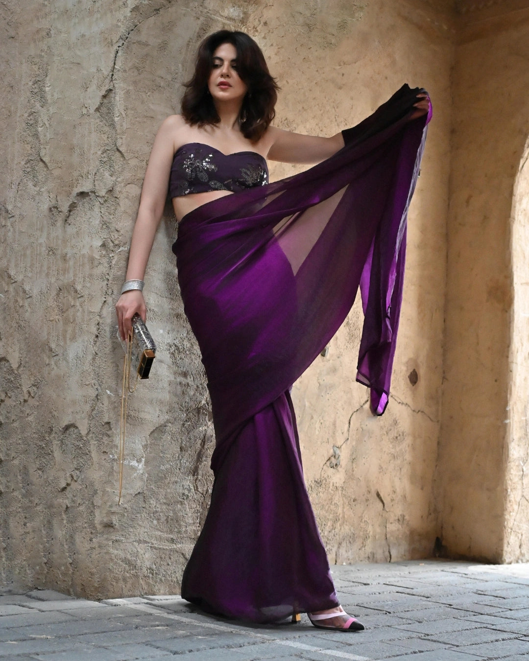 Purple Greorgette Saree with Matching Strapless Floral-Embroidered Blouse