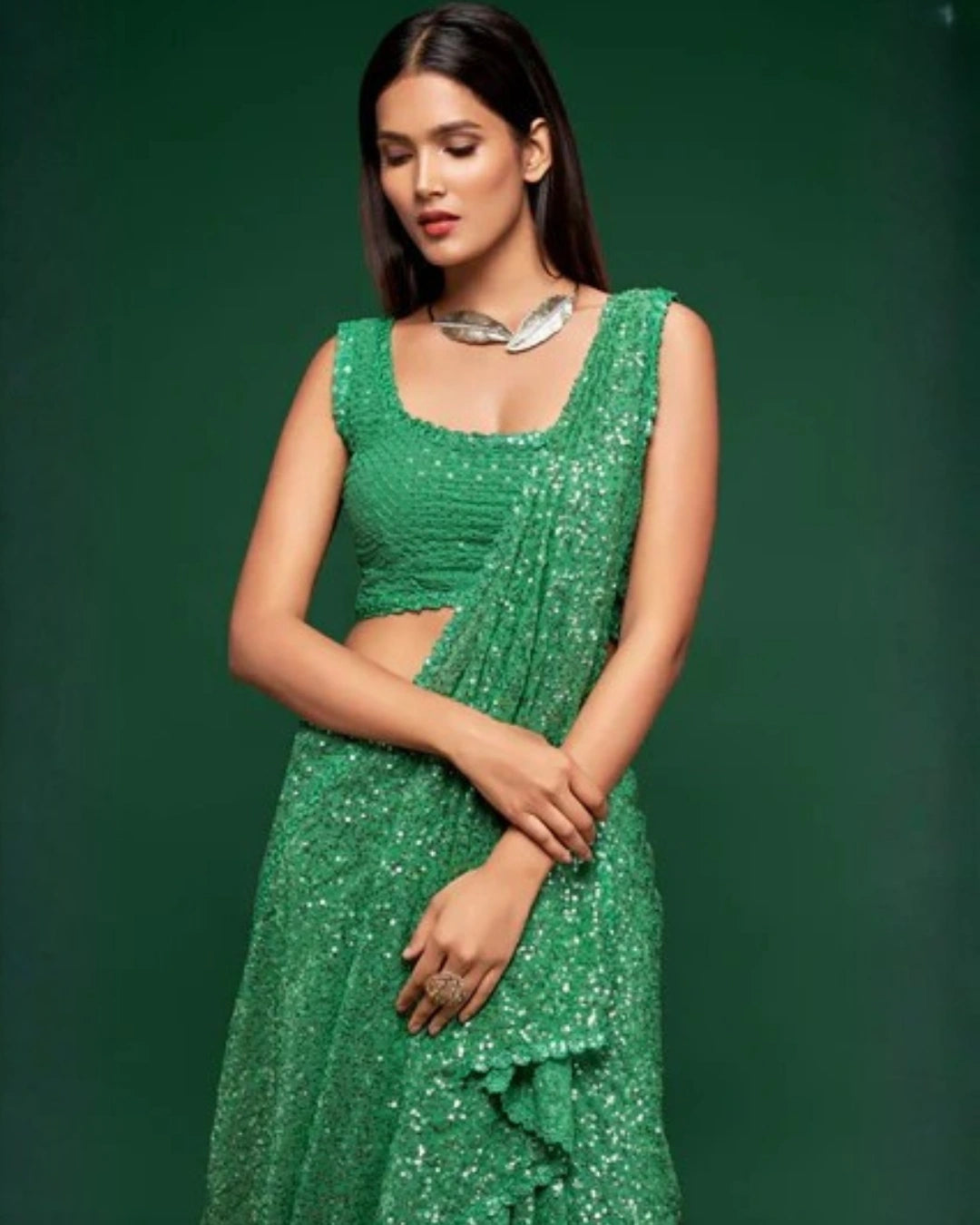 Green Georgette Saree with All Over Shimmer Sequin Work and Matching Sequin Blouse