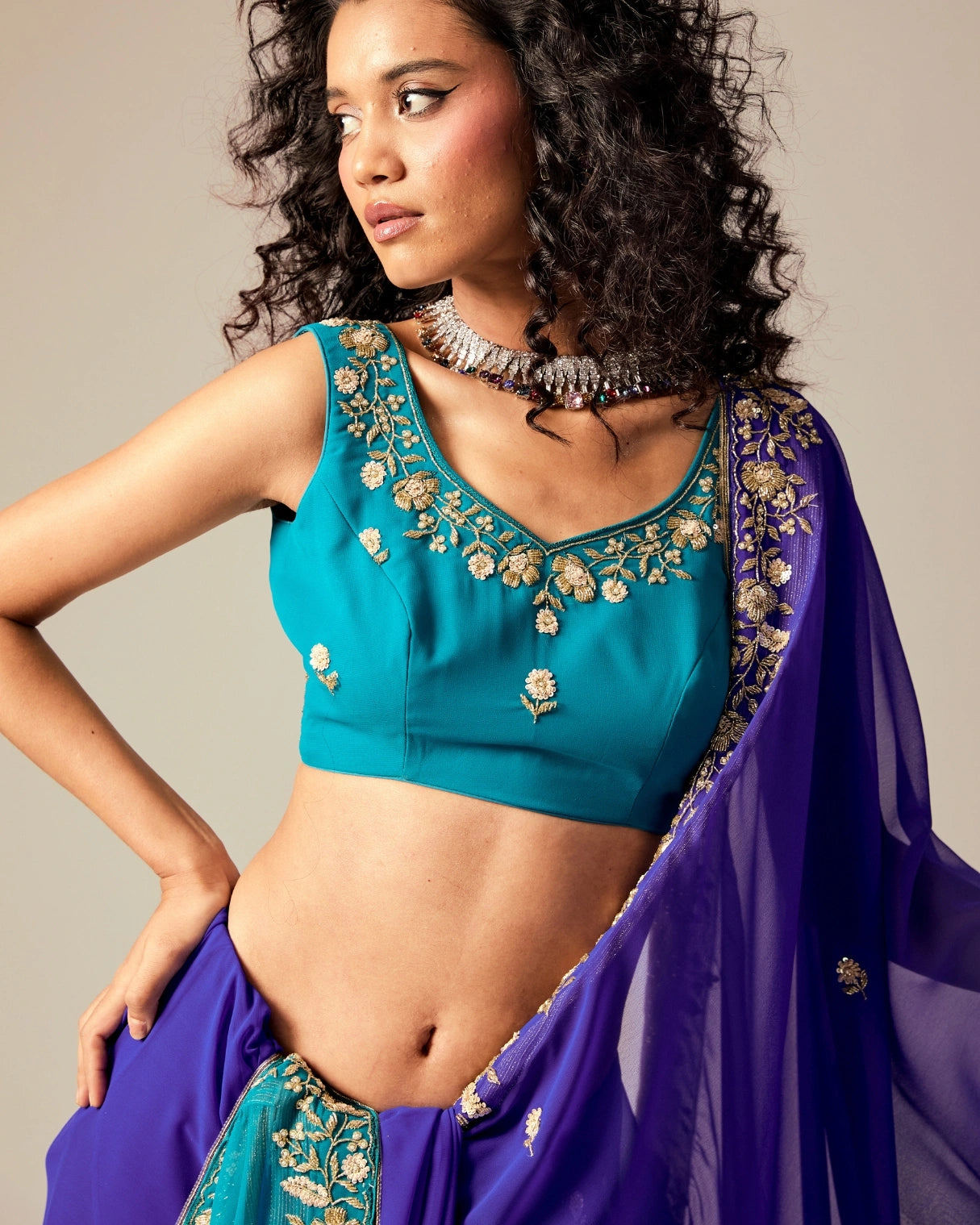 Dark Blue and Bule Dual Tone Hand Embroidered Georgette Saree with Blue Embroidery Blouse