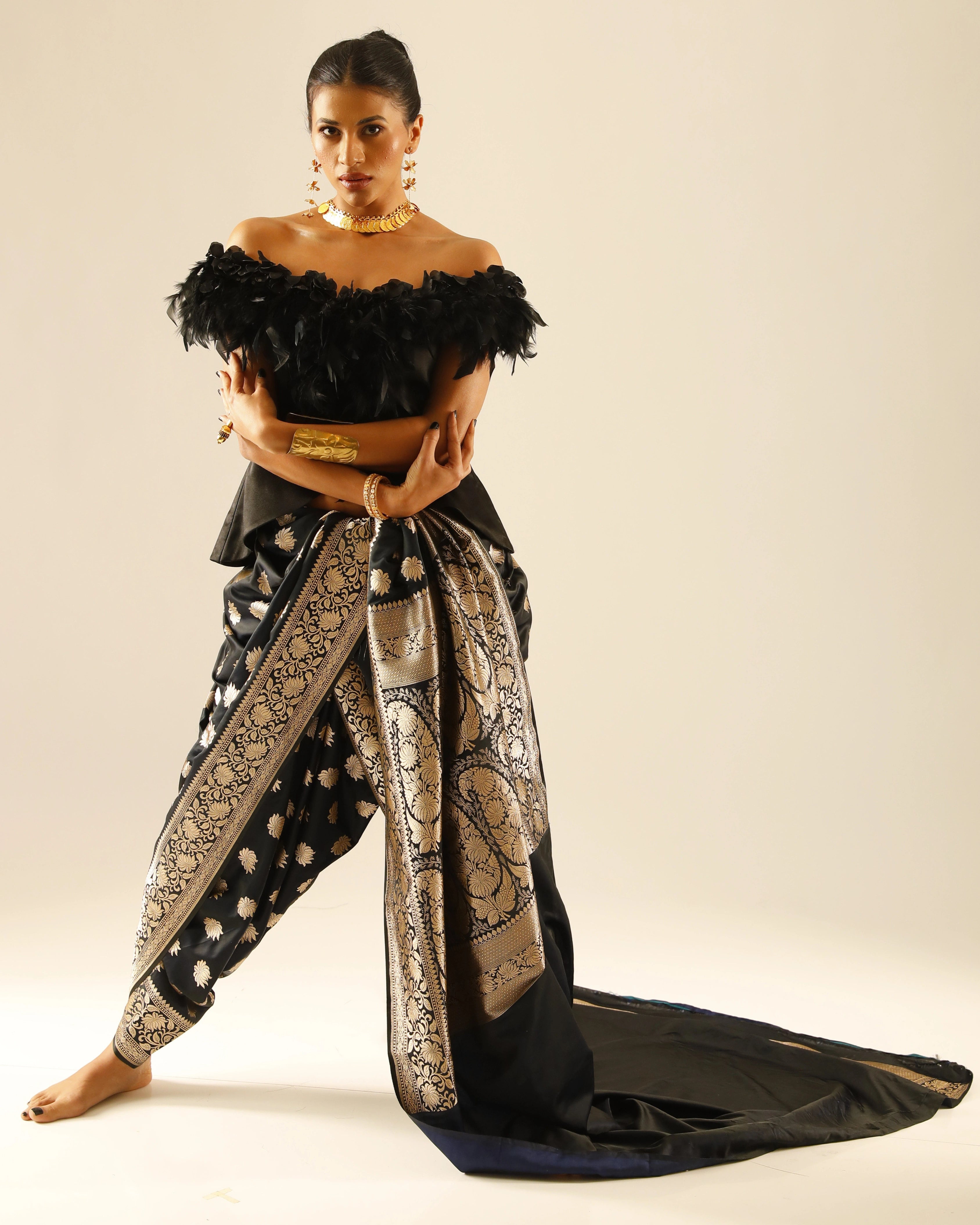 Black Banarasi Saree with Gold Floral Work and Black Feather Top