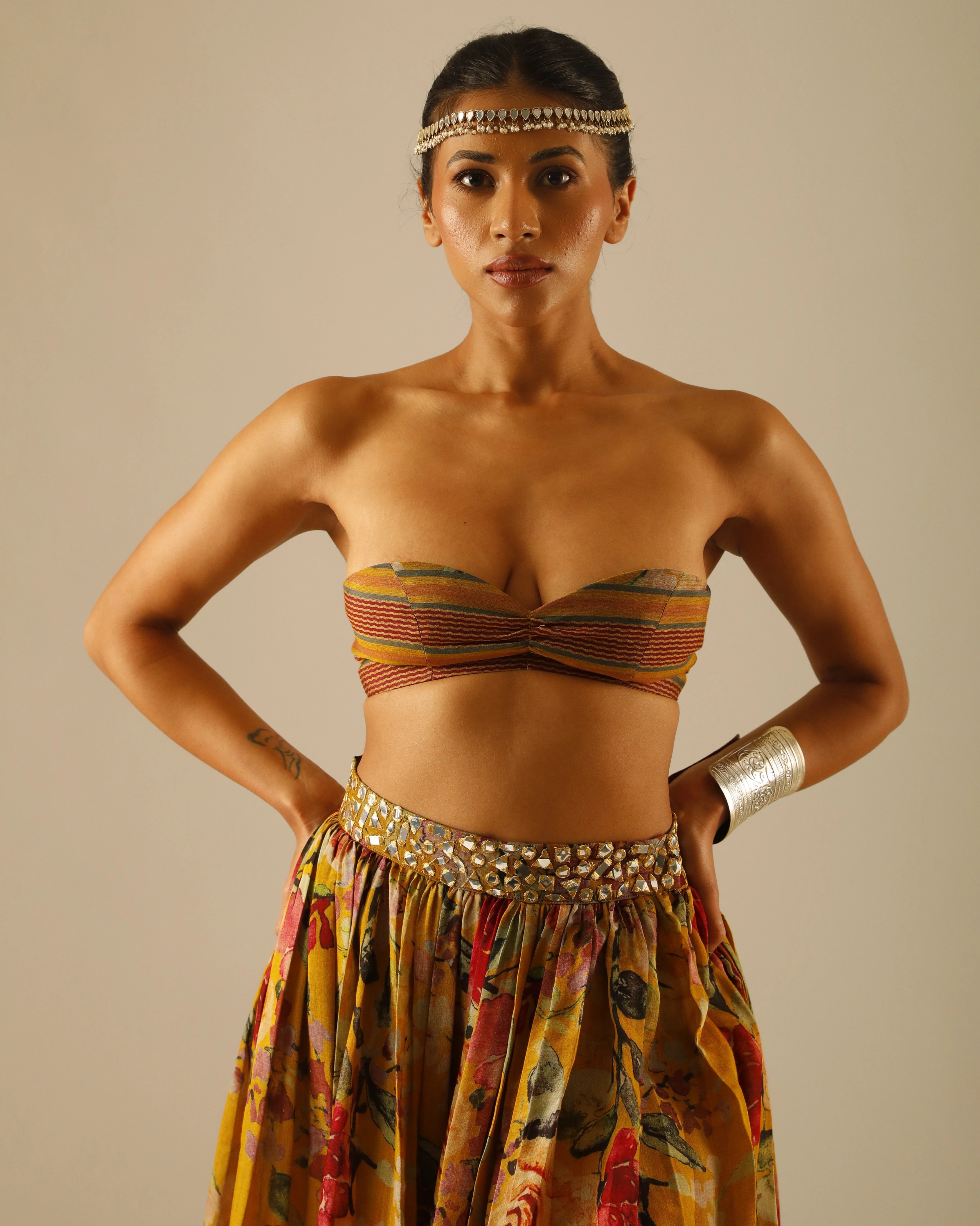 Yellow Silk Floral Skirt and Jacket Set with All Over Mirror Work