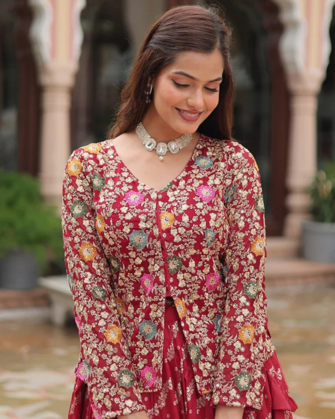 Red Georgette Lehenga with Heavy Thread Embroidery and Floral Design