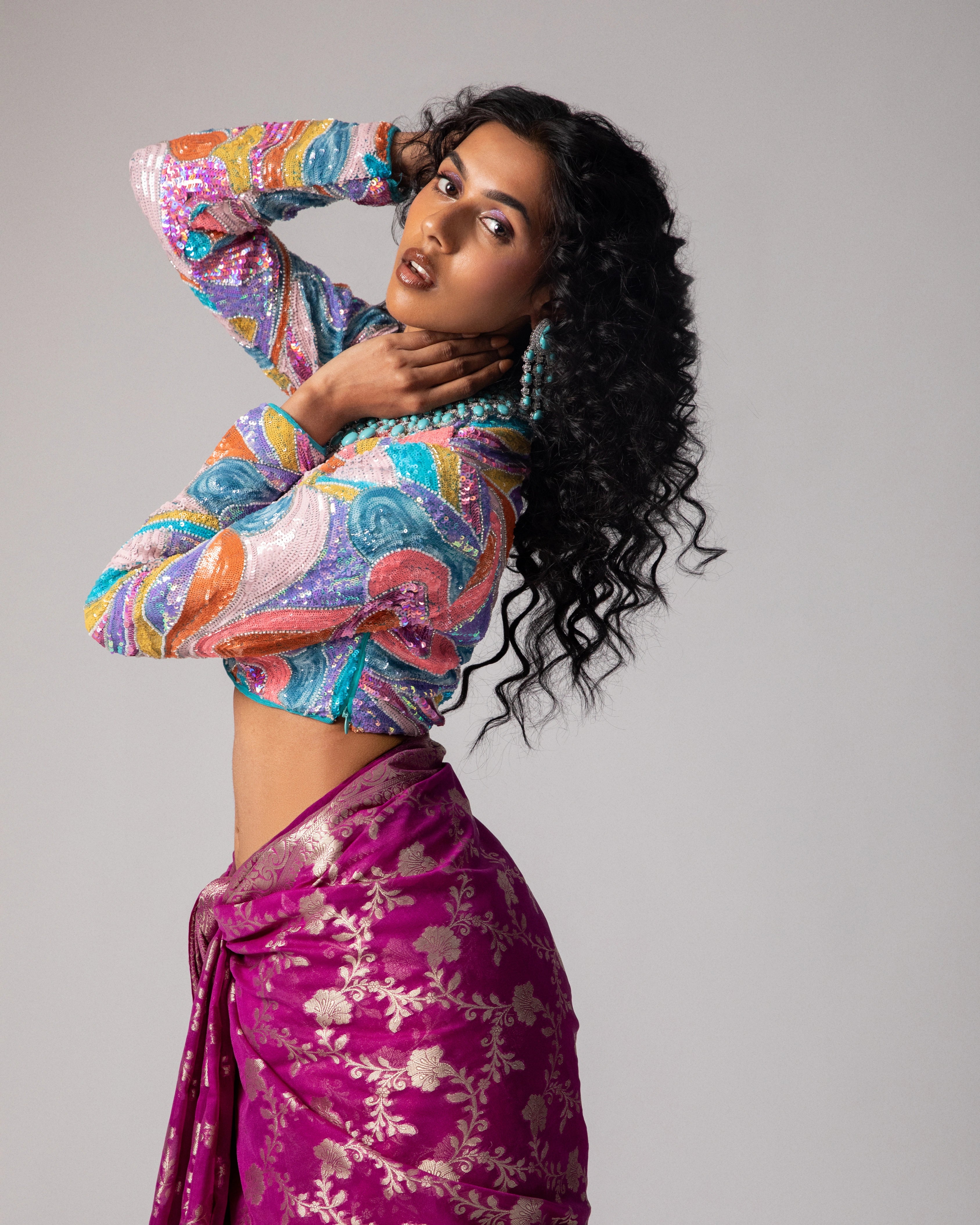 Pink Banarasi Saree with Gold Floral Design and Multicolor Full Sleeve Cut-Out Blouse