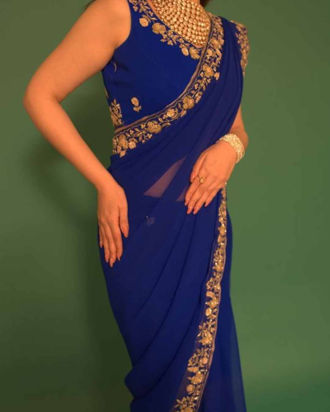 Royal Blue Hand Embroidered Georgette Saree and Matching Floral Embroidered Blouse