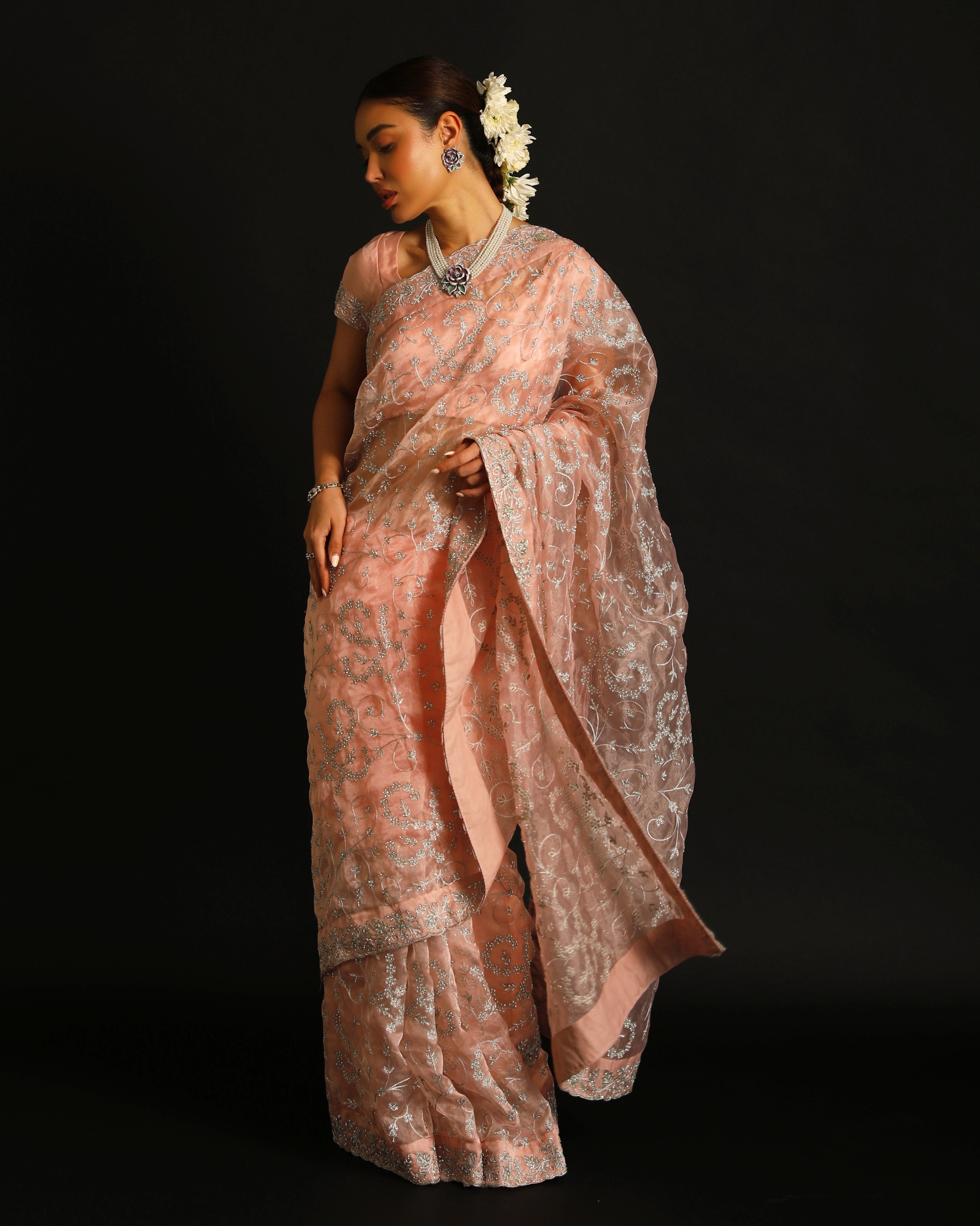 Blush Pink Organza Silk Saree with All-Over Hand Embroidered Silver Floral Jaal