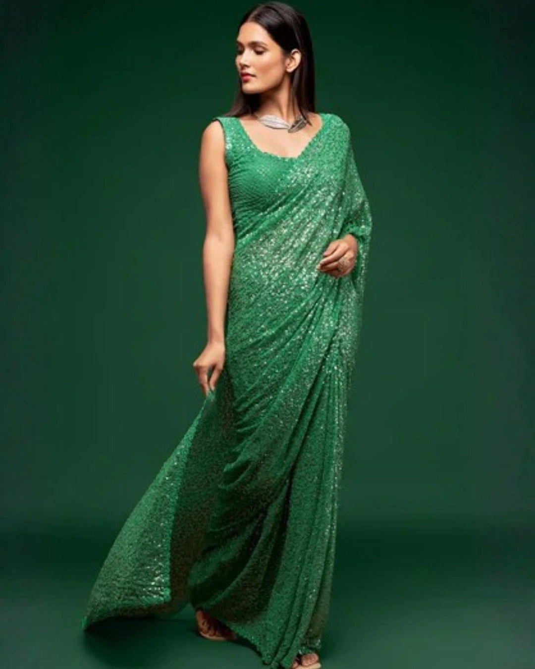Green Georgette Saree with All Over Shimmer Sequin Work and Matching Sequin Blouse