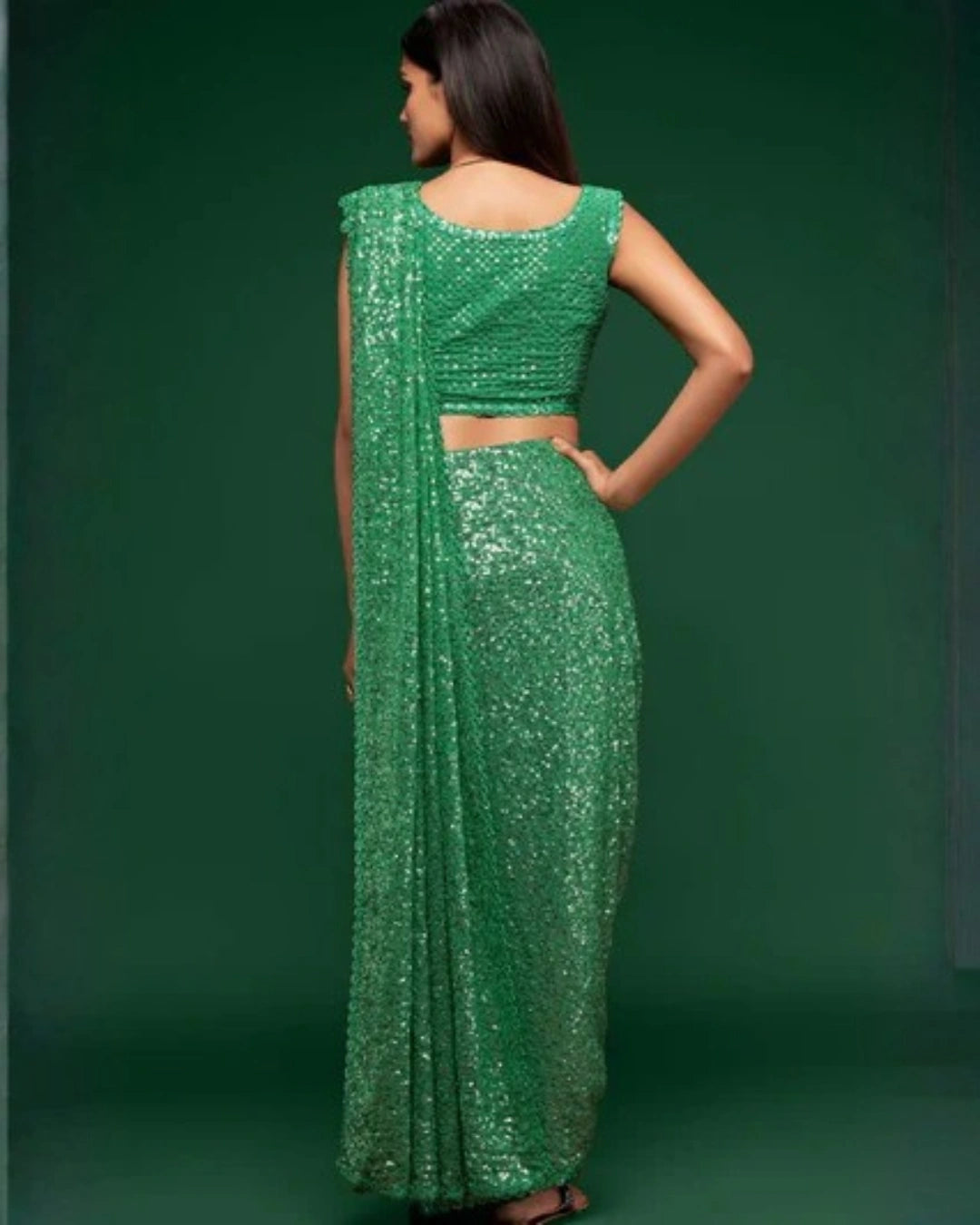 Green Georgette Saree with All Over Shimmer Sequin Work and Matching Sequin Blouse