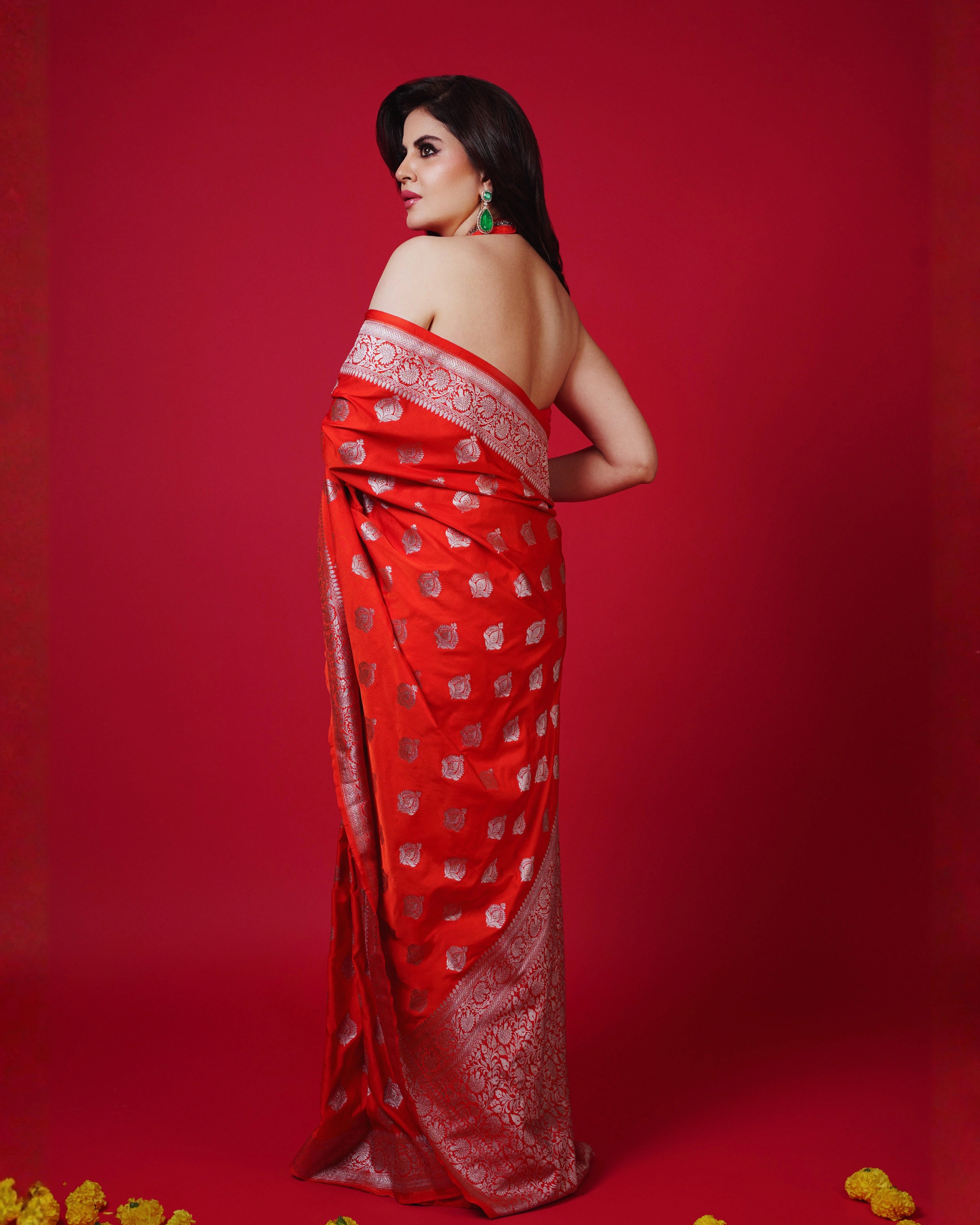 Orange Pure Banarasi Silk Saree with Silver Zari Weaving and Matching Blouse
