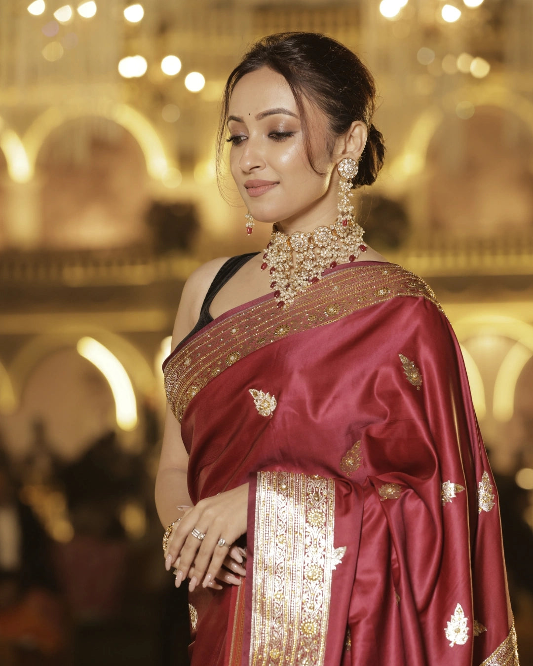 Magenta Pink Pure Banarasi Silk Saree with All-Over Gold Zari Border Floral Leaf Design and Matching Blouse