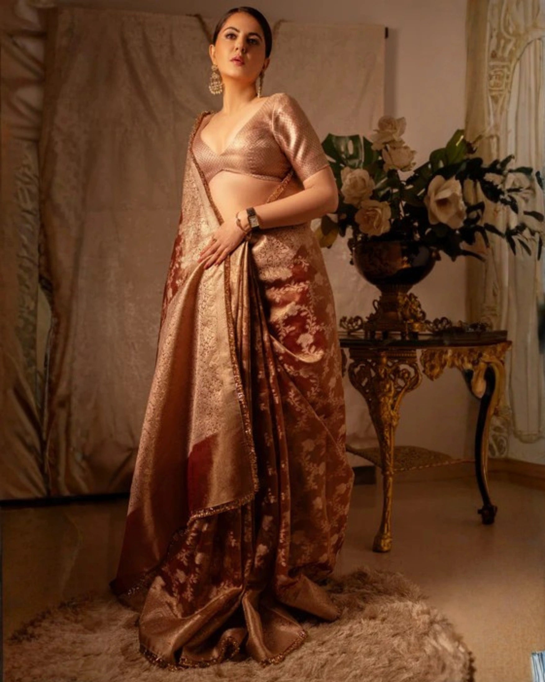 Orange Banarasi Silk Saree with Pure Gold Zari Floral Weaving and Matching Checked Blouse