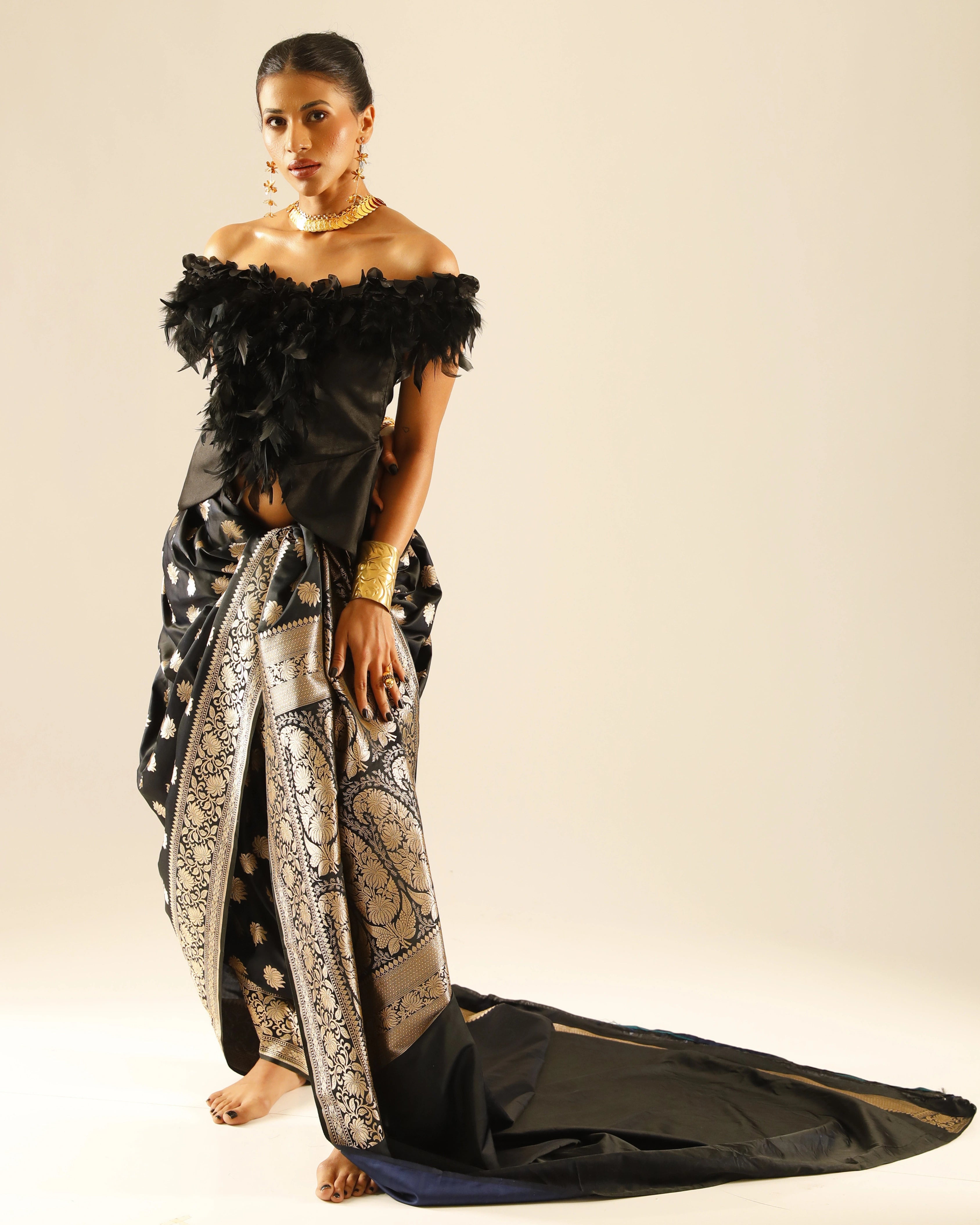 Black Banarasi Saree with Gold Floral Work and Black Feather Top