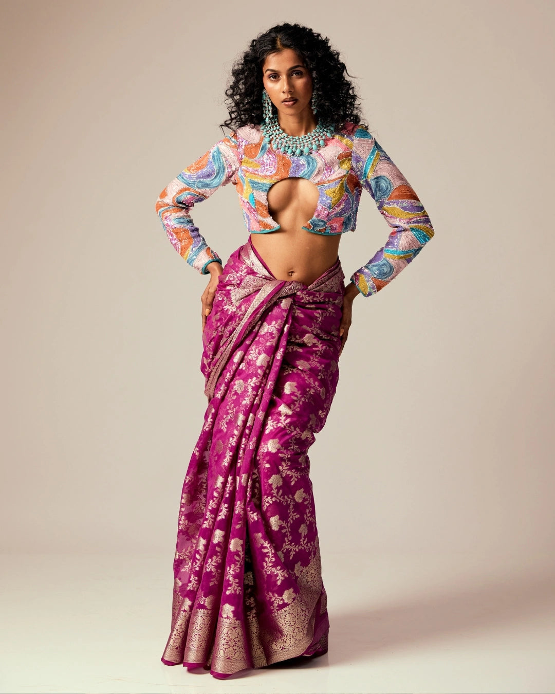Pink Banarasi Saree with Gold Floral Design and Multicolor Full Sleeve Cut-Out Blouse