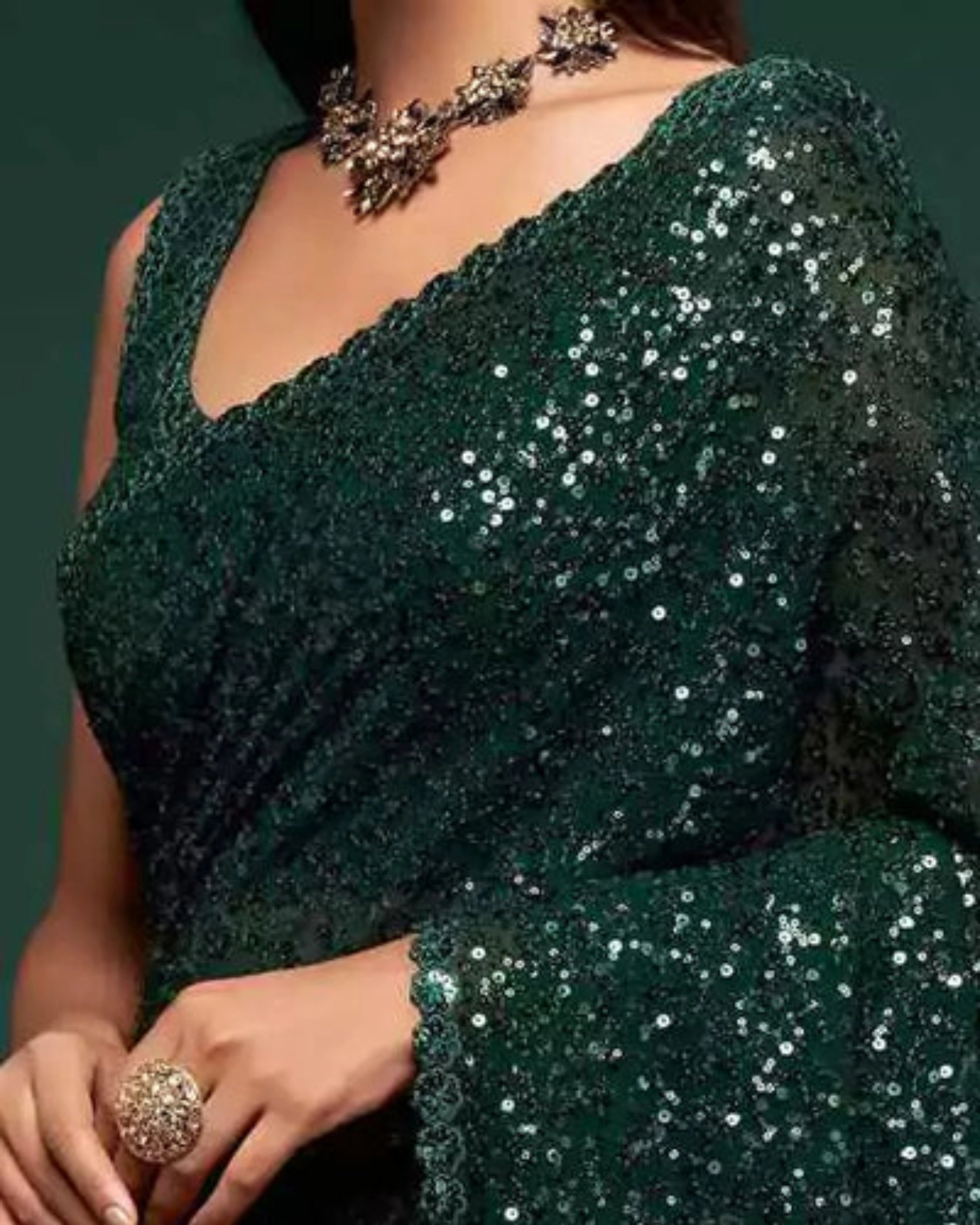 Dark Green Georgette Saree with All Over Shimmer Sequin Work and Matching Sequin Blouse