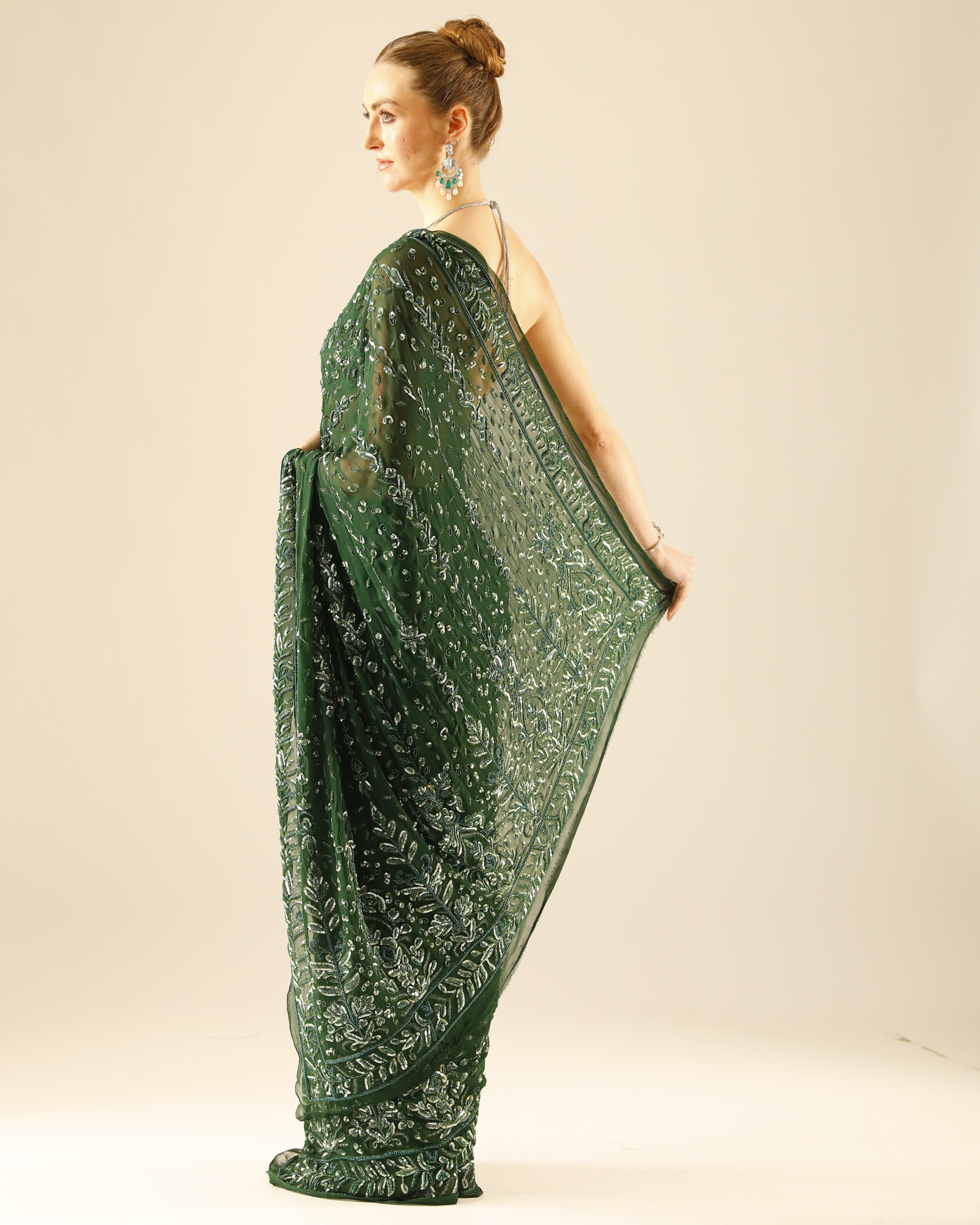 Emerald Green Hand-Embroidered Georgette Saree Set with Cut Dana and Sequin Work