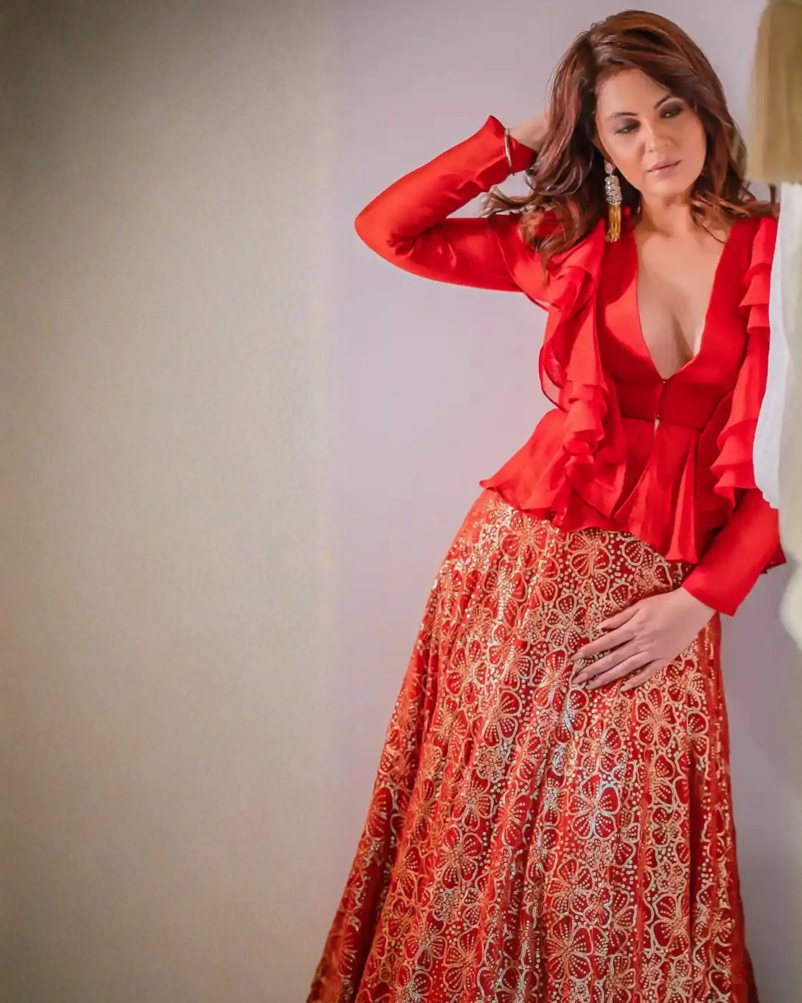 Shez Embroidered Red Designer Lehenga Set with Ruffle Blouse – Multi-Occasion Indo-Western Fusion Wear Label Nonita